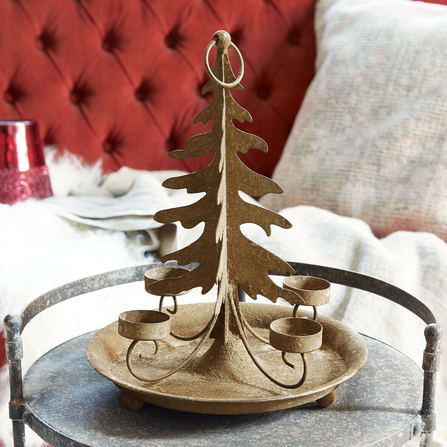 Bougeoir Lunvik Bougeoir en métal doré vieilli en forme de sapin avec quatre supports pour bougies, décoration de Noël