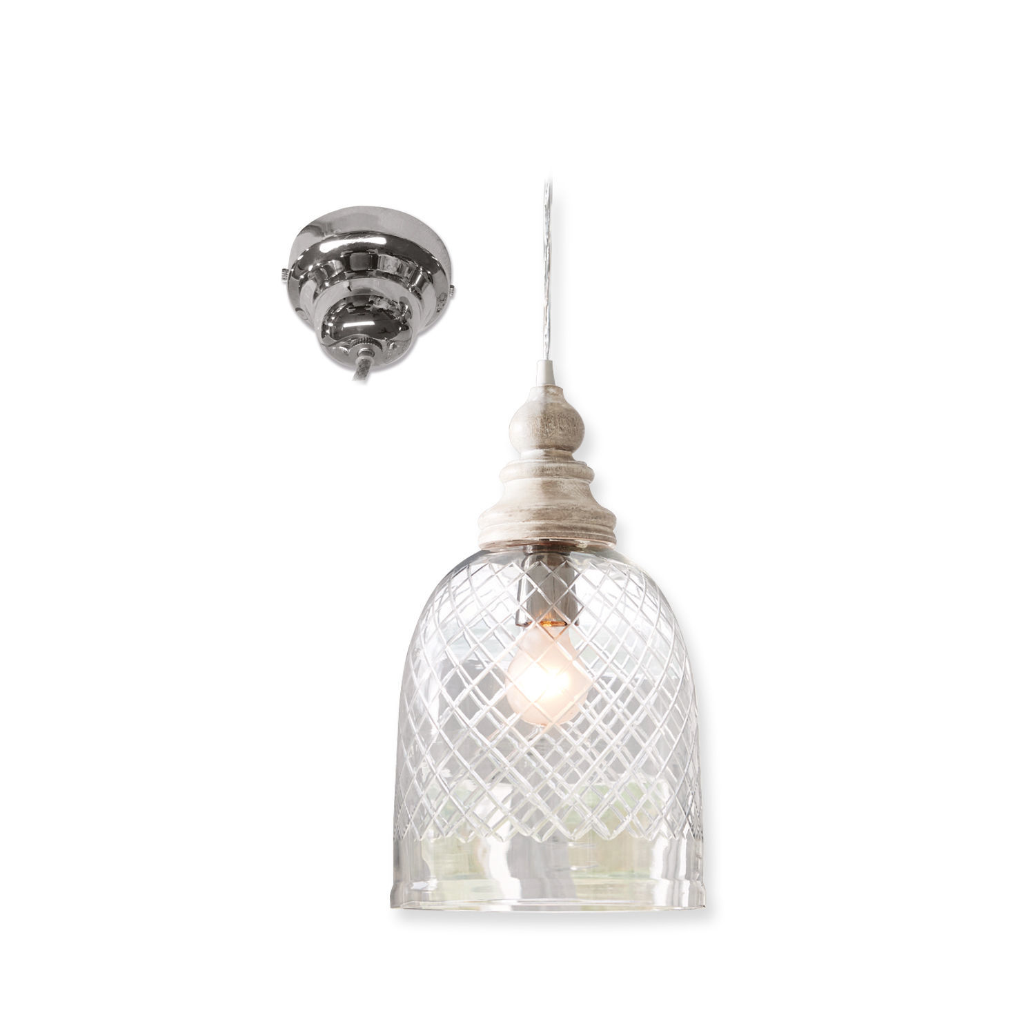 Suspension Junia Suspension en verre transparent à motif quadrillé avec élément en bois blanc, éclairage décoratif élégant