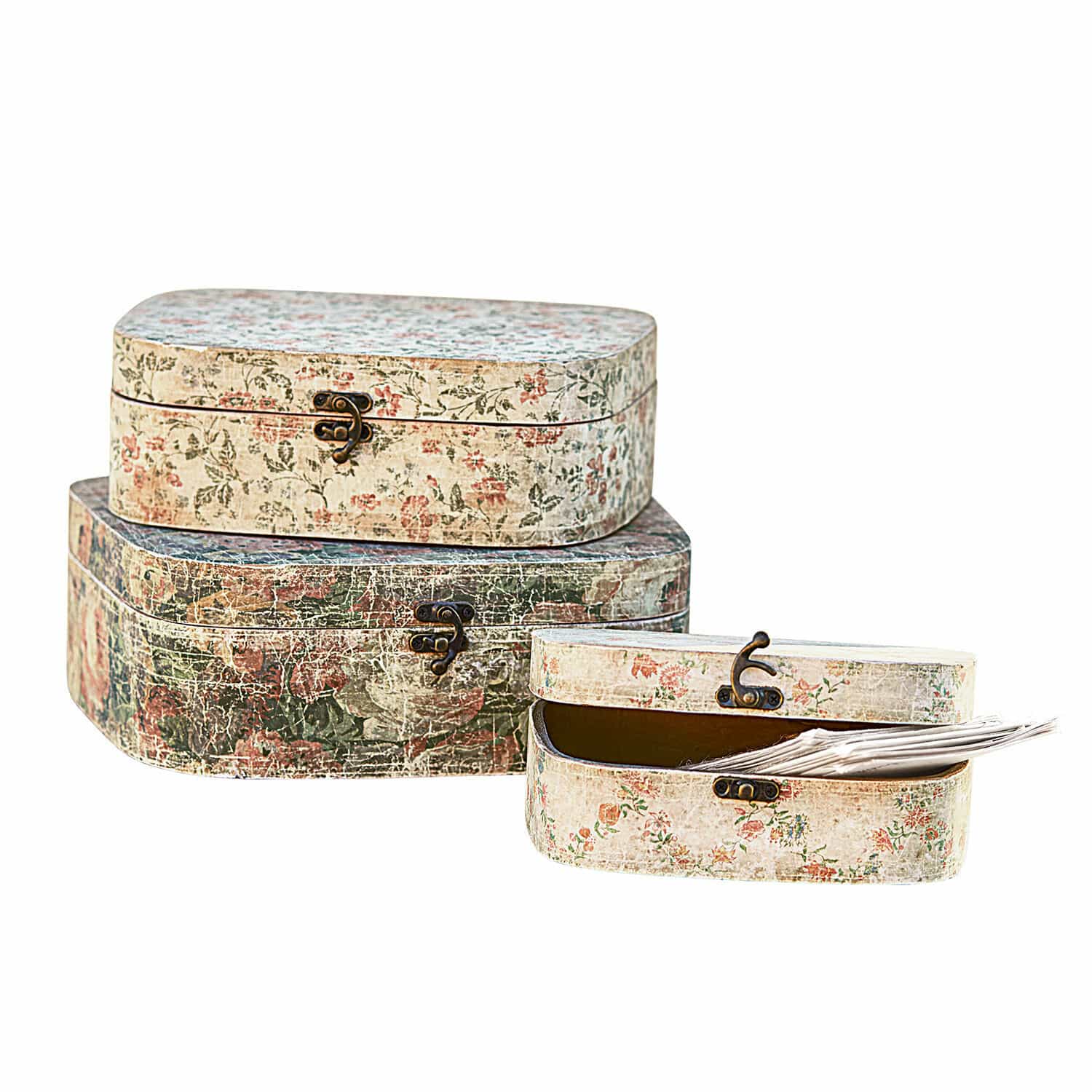 Lot de 3 boîtes Emmylou Ensemble de trois boîtes décoratives avec fermoirs métalliques et motif floral vintage