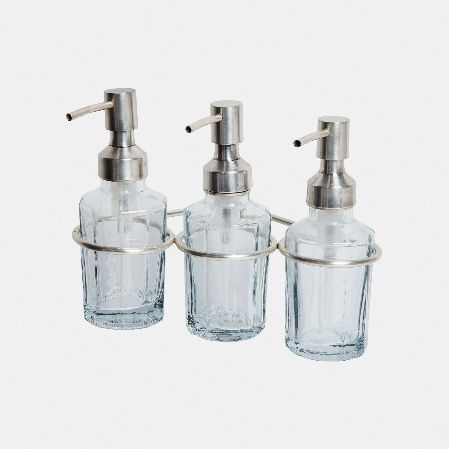 Zeeppompjes Virellane Set van drie doorzichtige glazen dispensers met metalen pomp en wandhouder