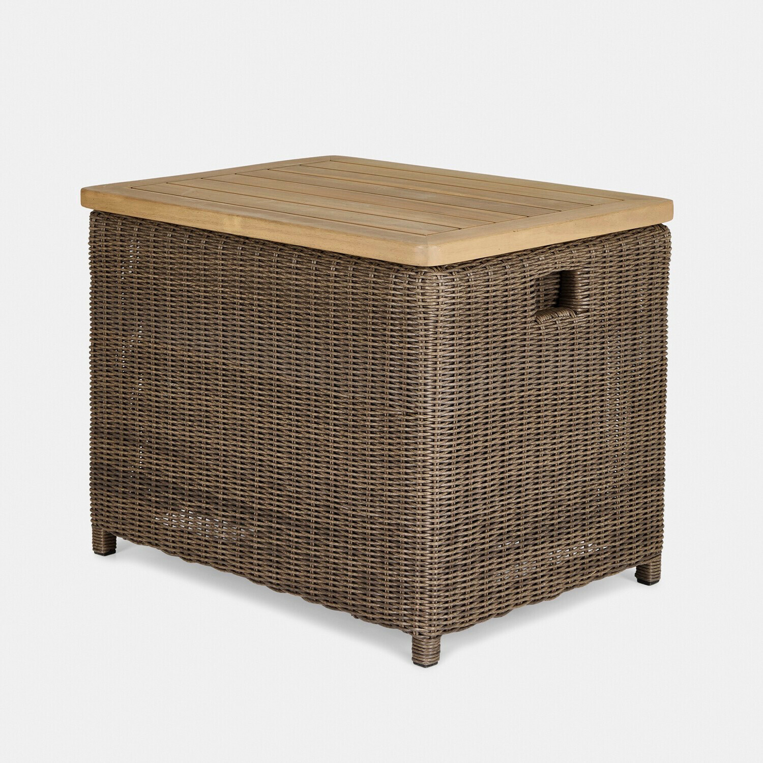 Table carrée en rotin marron avec plateau en bois clair, meuble d'extérieur pratique pour terrasse