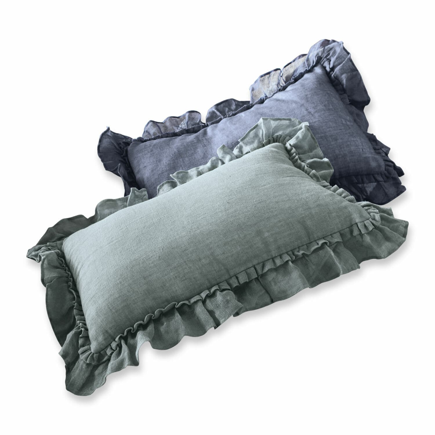 Lot de 2 coussins Maelys en lin bleu et gris avec volants pour décoration intérieure élégante