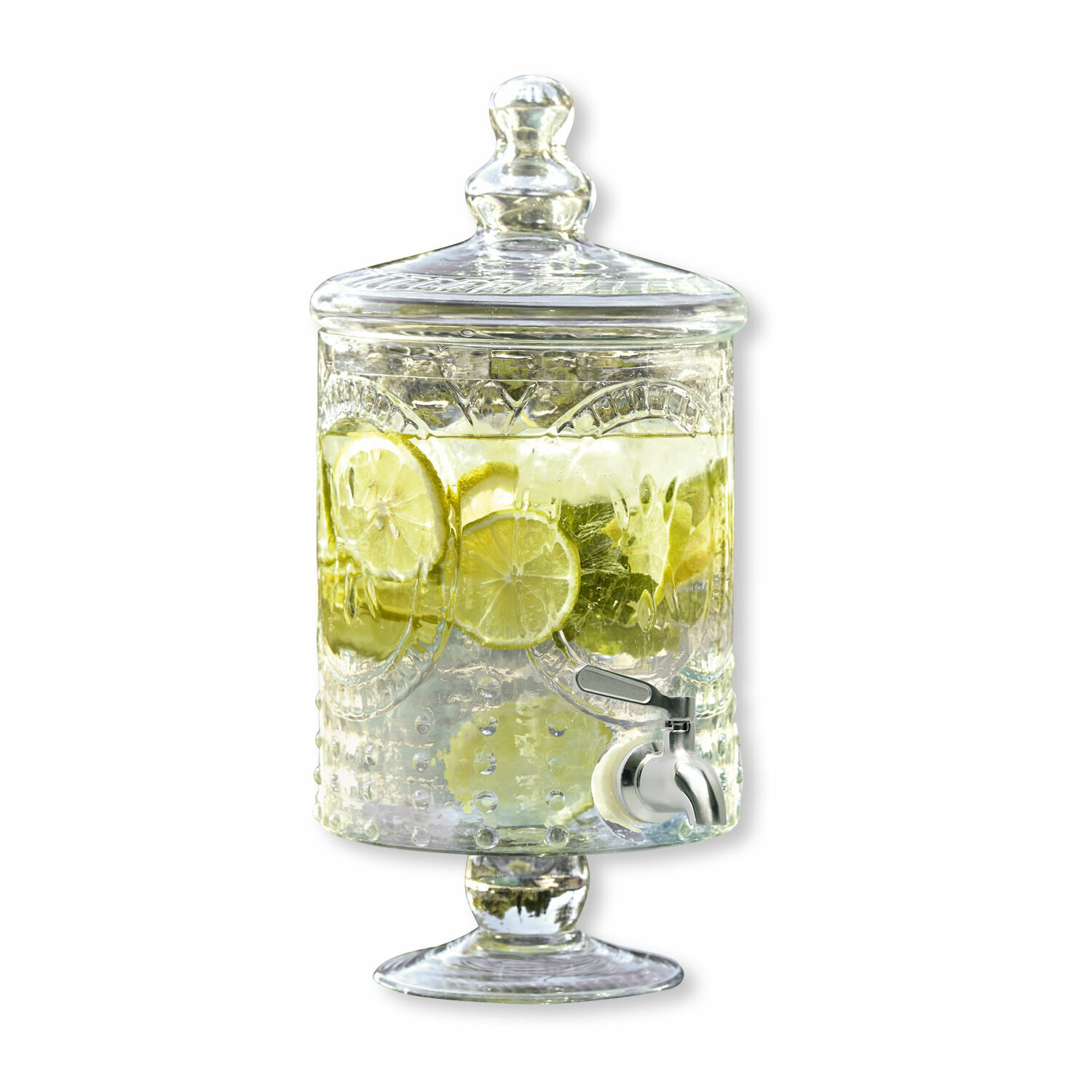 Distributeur de boisson Lys Distributeur de boissons en verre avec couvercle et robinet, rempli de tranches de citron et de menthe