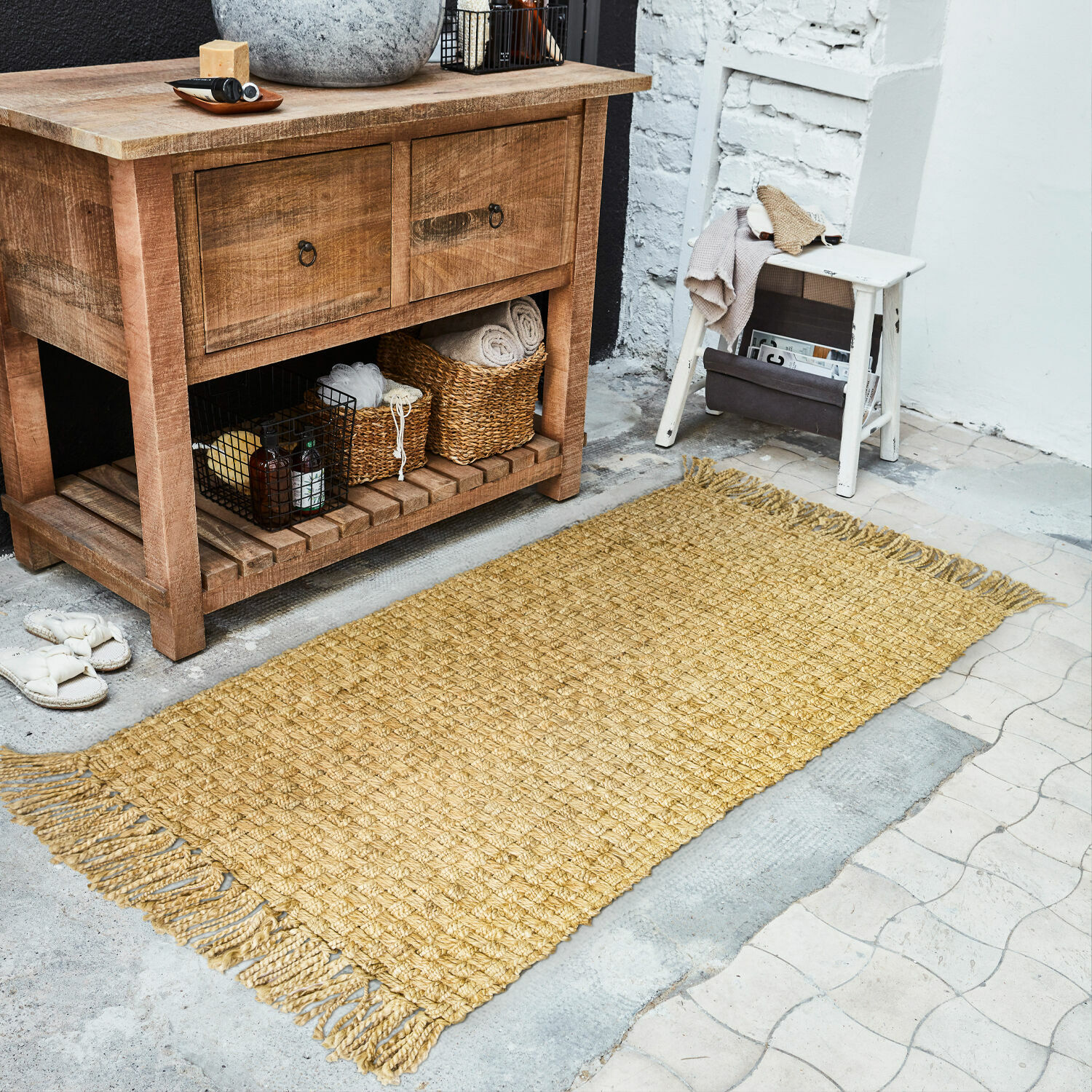 Tapis long Moody Tapis en jute naturelle couleur miel avec franges, parfait pour la décoration intérieure et maison