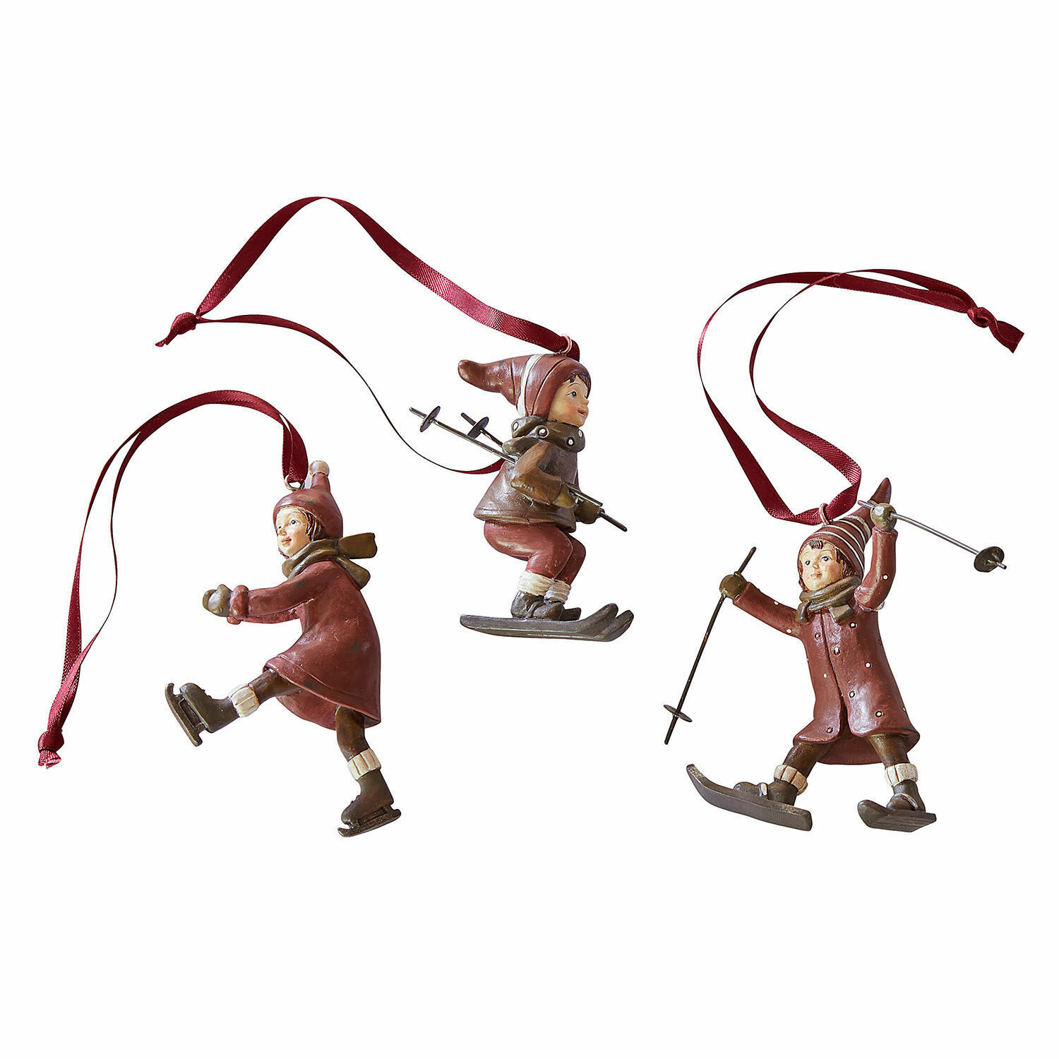 Lot de 3 décorations à suspendre Bibury Ensemble de trois suspensions rouges représentant des enfants en ski et patinage pour décoration de Noël