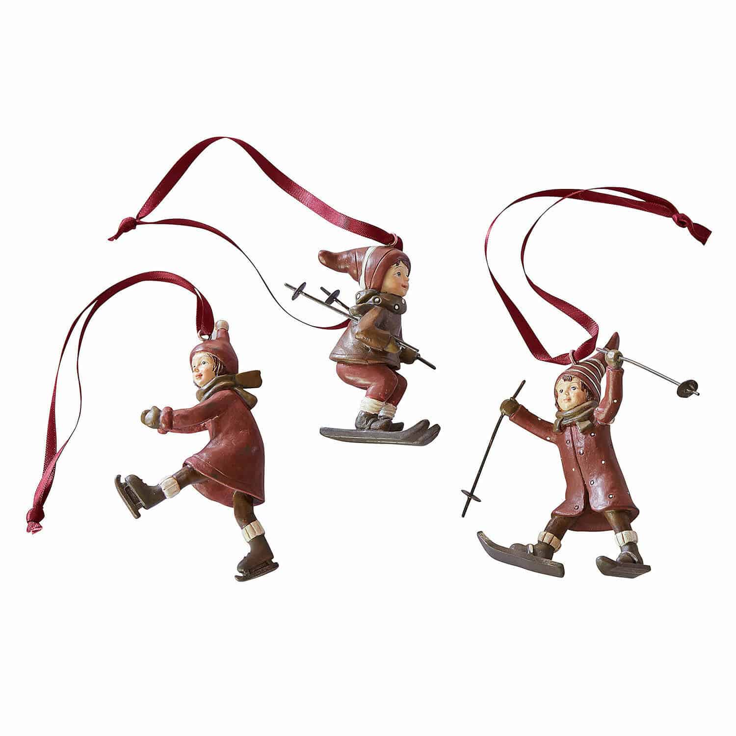 Lot de 3 décorations à suspendre Bibury Ensemble de trois suspensions rouges représentant des enfants en ski et patinage pour décoration de Noël