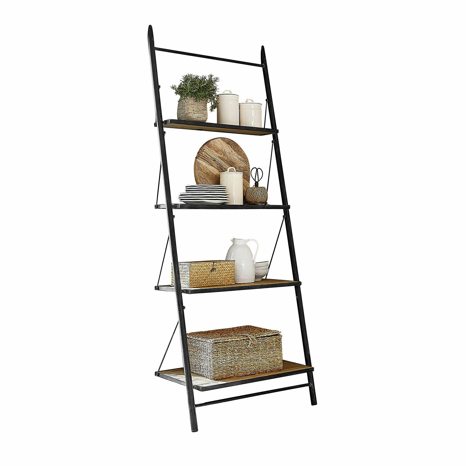 Ladderrek Greenbriar Zwarte metalen ladder met vier houten planken en decoraties voor opslag in huis