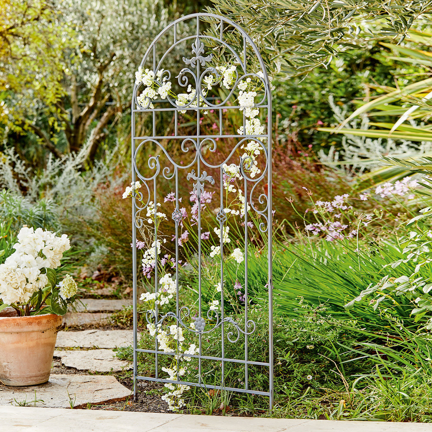 Treillis Brac Treillis de jardin en métal gris avec motifs décoratifs, support idéal pour plantes grimpantes