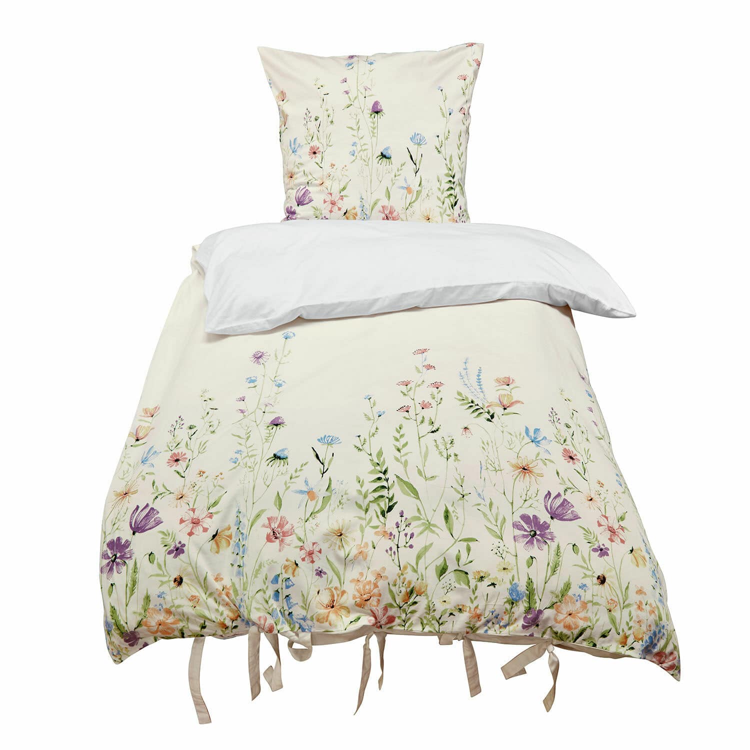 Parure de lit Quervaux Parure de lit en coton crème avec imprimé floral coloré et liens décoratifs en bas