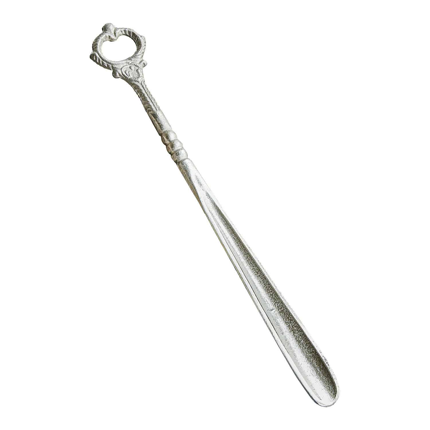 Chausse-pied Lucas en métal argenté antique avec poignée décorative, accessoire pratique pour la maison