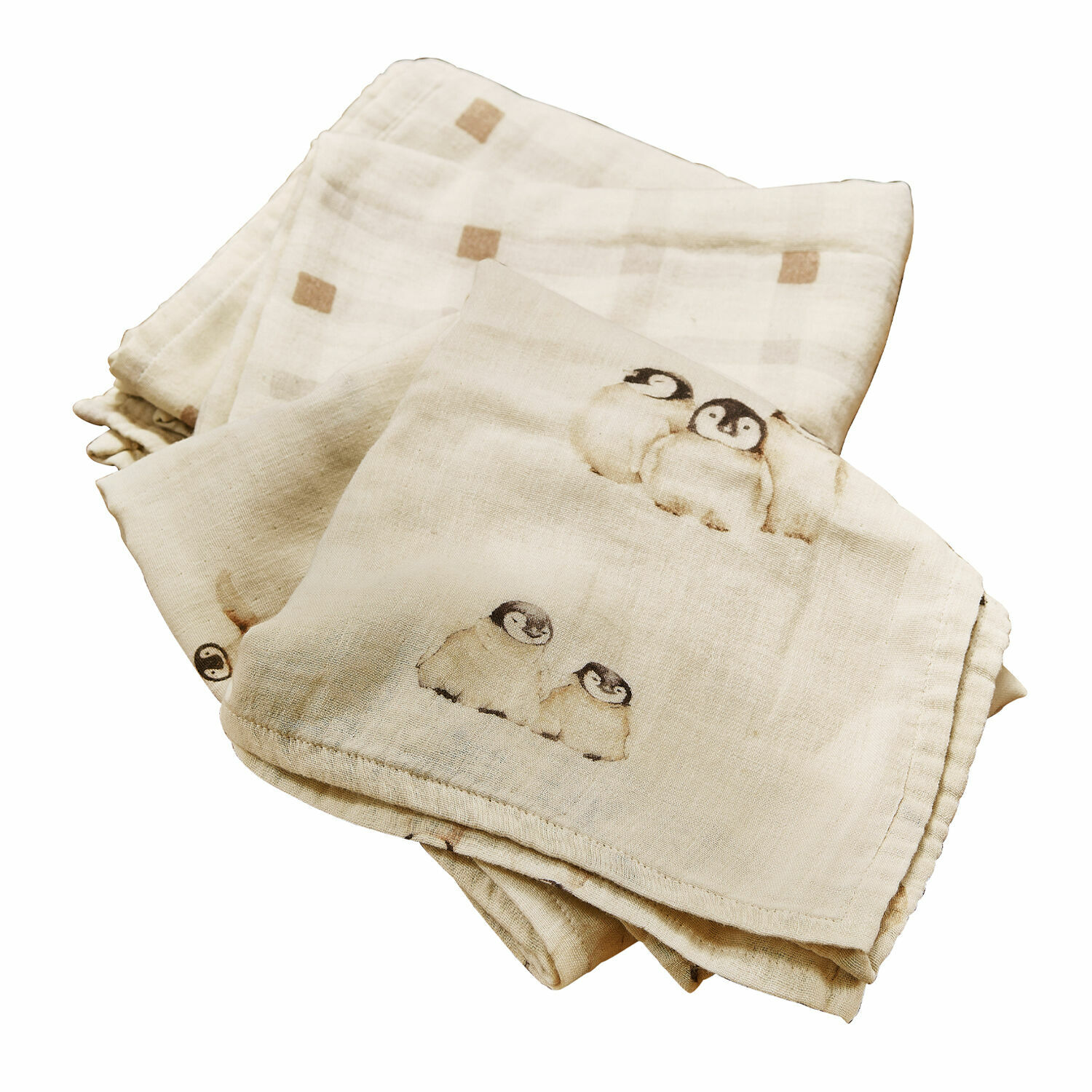 Lot de 2 langes Jocienne Couverture en coton doux couleur crème avec motif pingouins, confortable et légère pour bébé