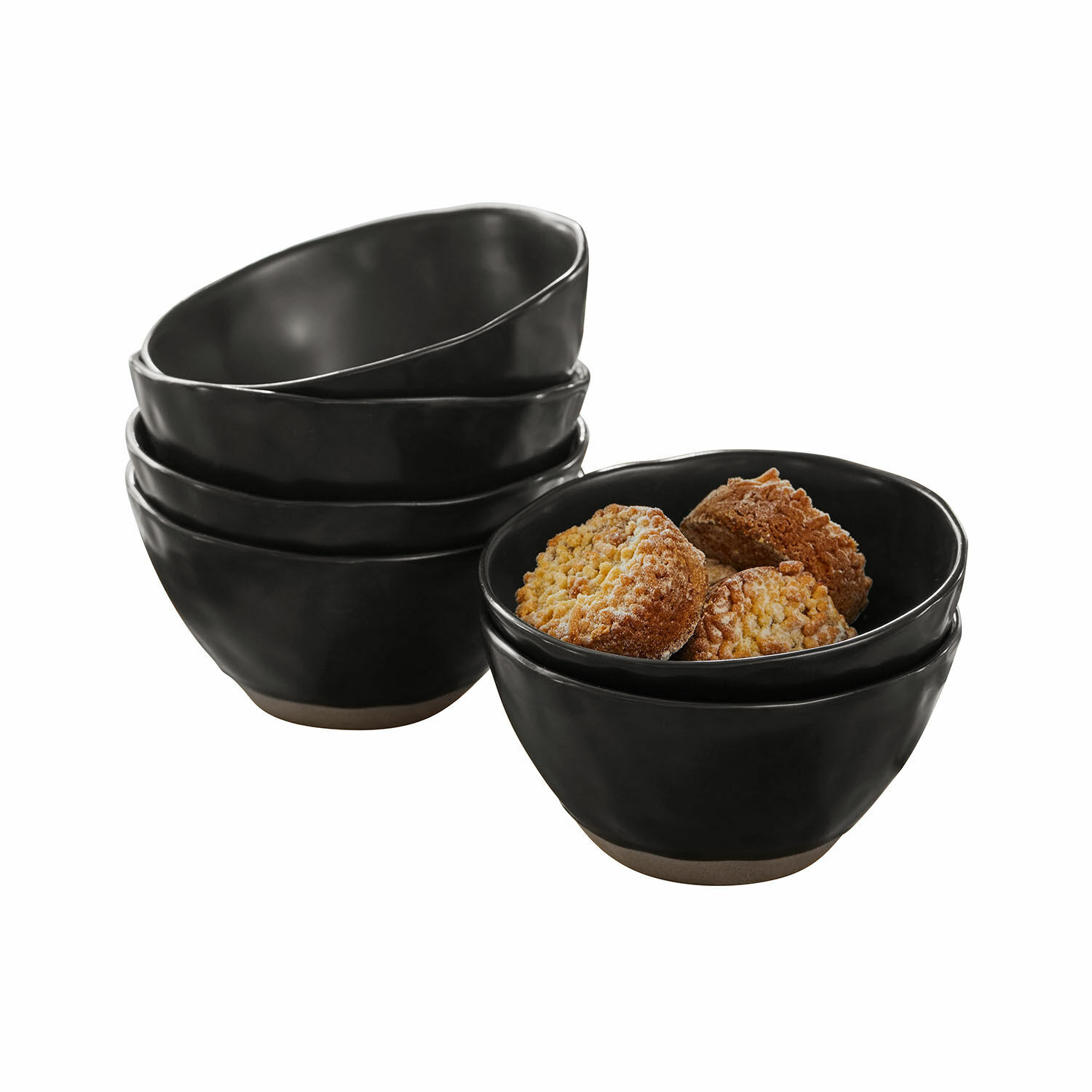 Ensemble de bols en céramique noire avec base marron naturel, parfaits pour servir des snacks