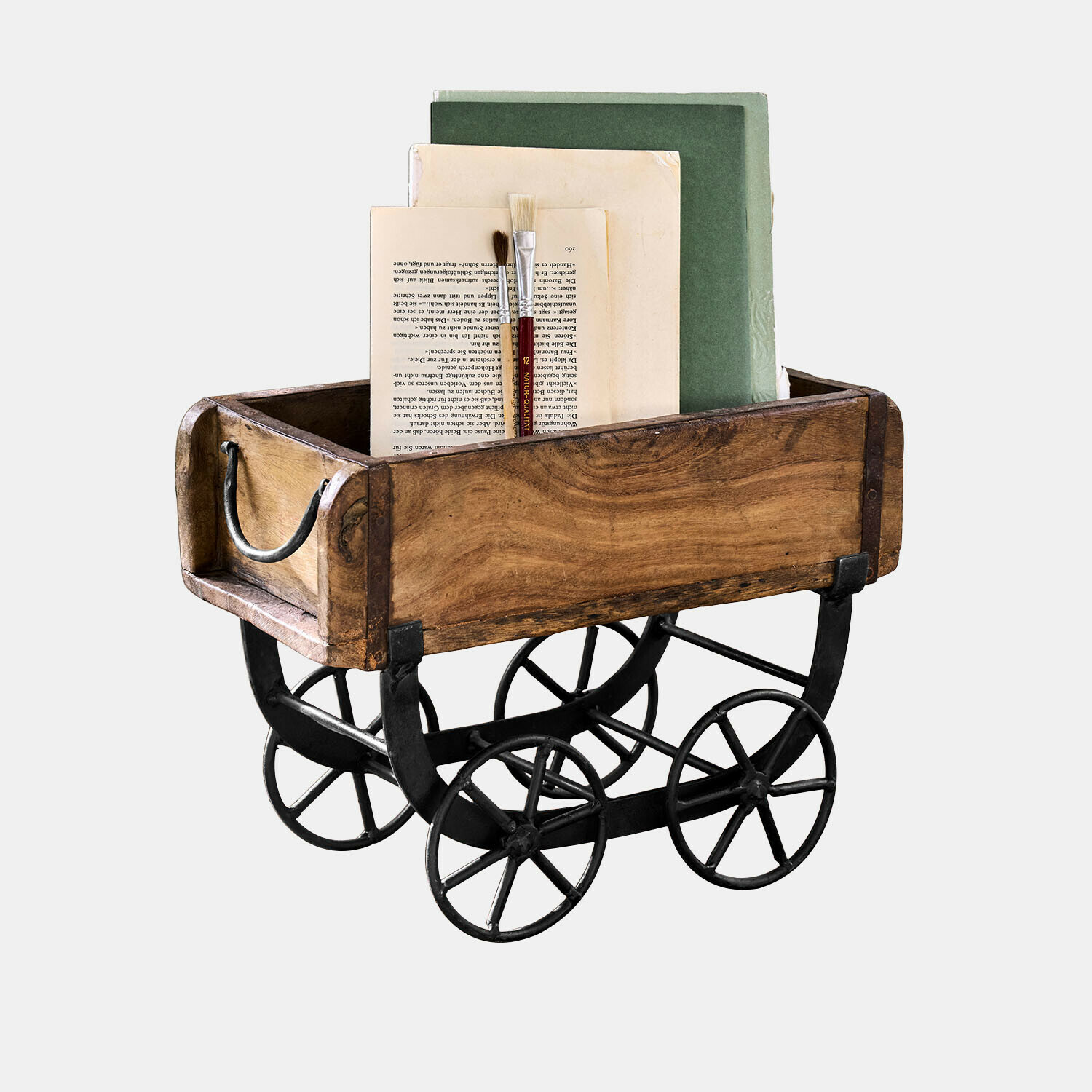 Organizer Arémont Houten bak op wielen met zwart metalen frame, natuurlijke kleur, voor het opbergen van boeken en penselen