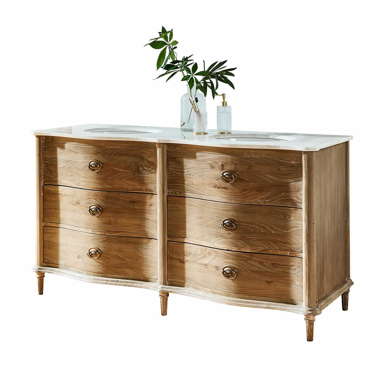 Dubbele wastafel Joravelle Houten badkamermeubel met marmeren blad en twee wastafels, natuurlijke houtkleur