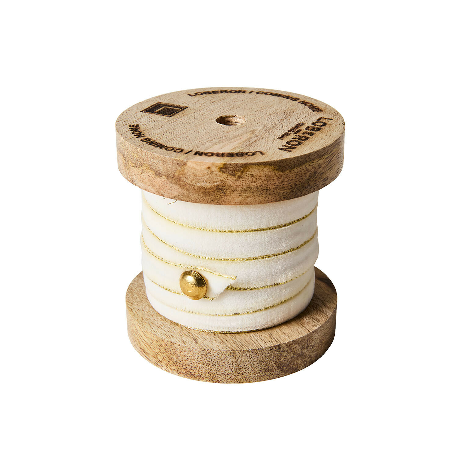 crème/goudkleurig Crèmekleurig fluwelen lint met gouden rand op houten spoel voor decoratie en knutselen