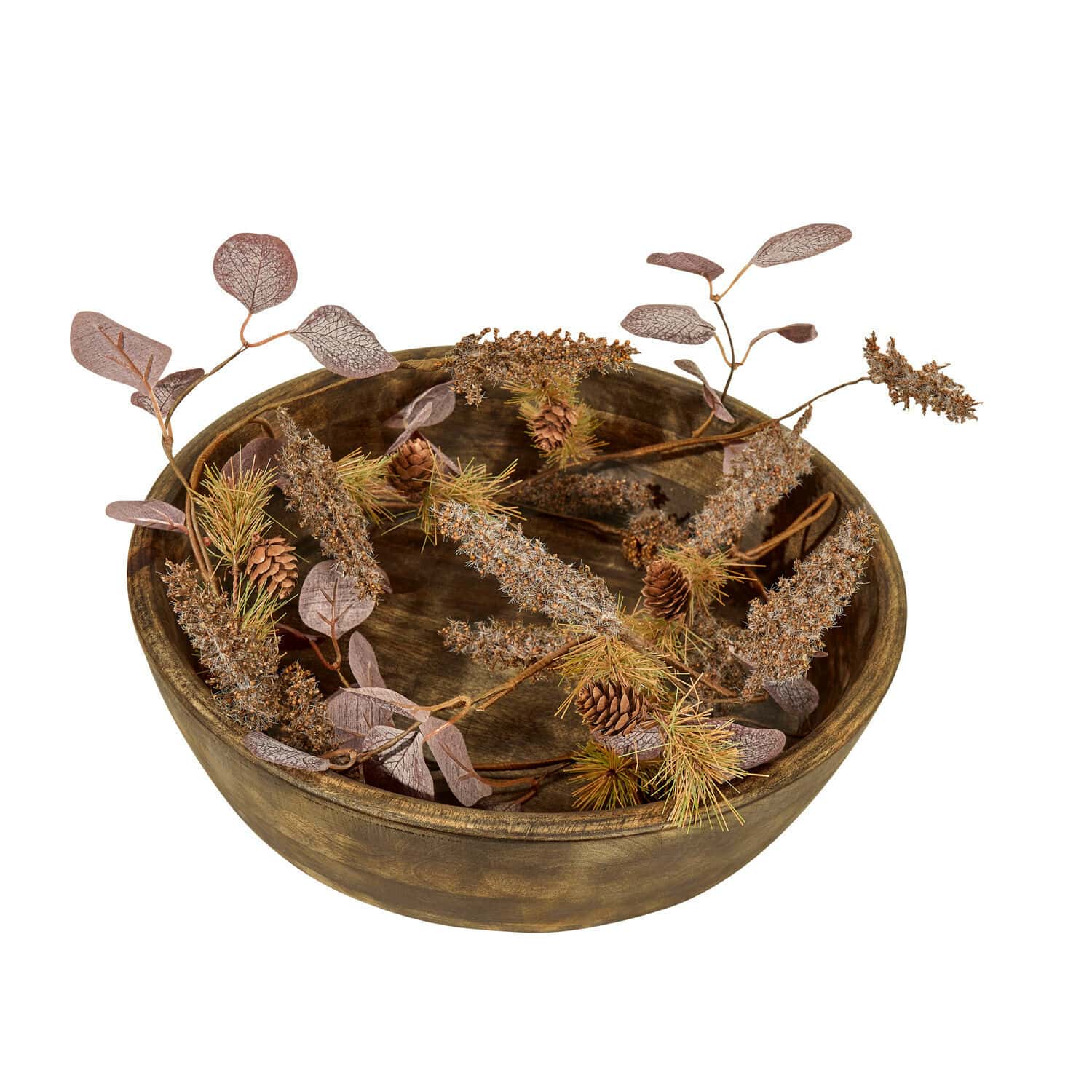 Bol en bois décoratif avec branches séchées et pommes de pin dans des tons bruns naturels