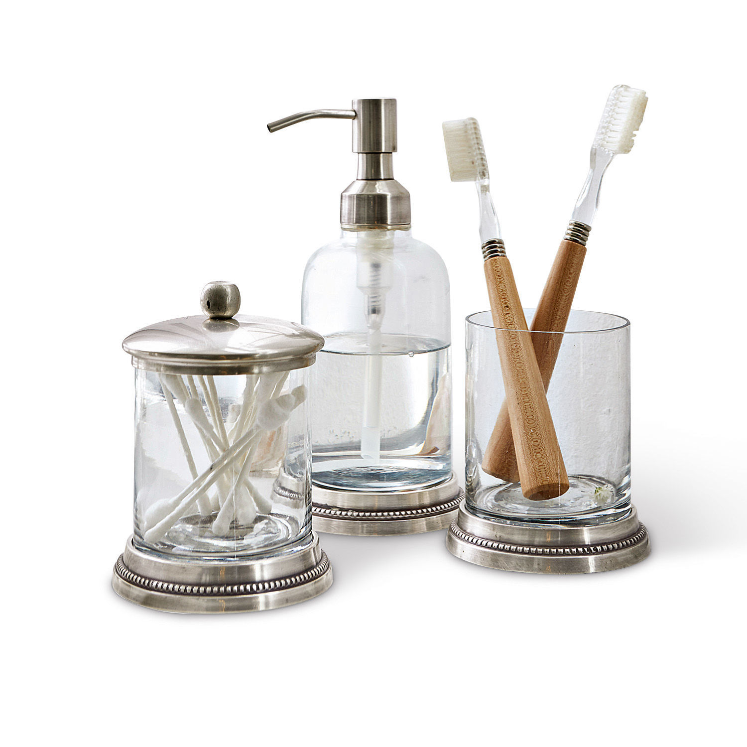 Set de salle de bains Drinapoly Ensemble de salle de bain en verre et métal avec distributeur, pot à cotons-tiges et verre à brosses à dents
