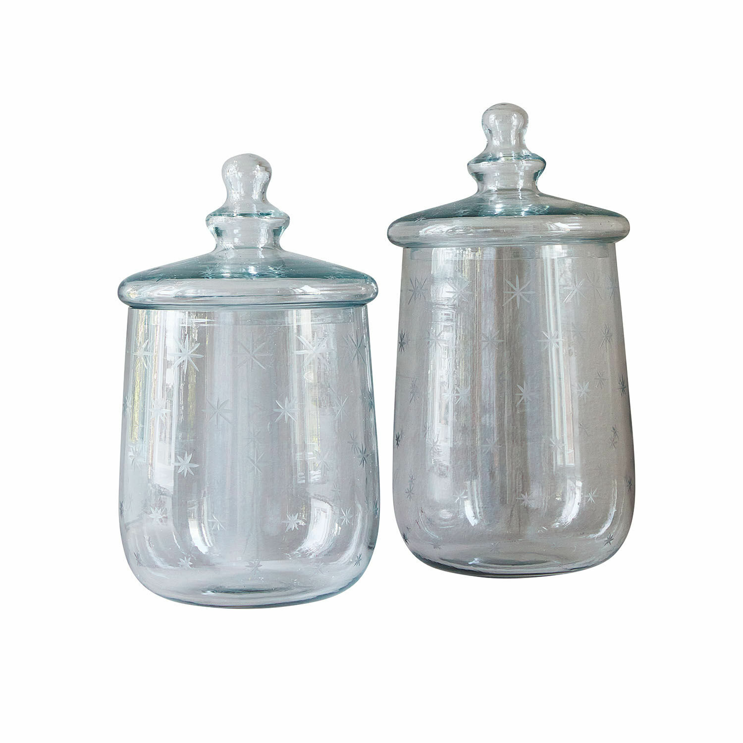 Lot de 2 bocaux en verre Valerico Ensemble de deux bocaux en verre transparent avec couvercles et motif d'étoiles pour rangement