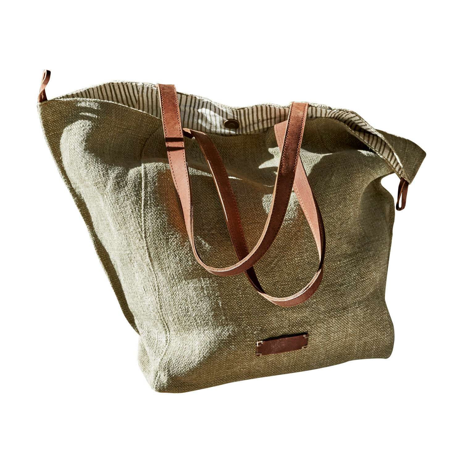 Tas Soleil Beige linnen tas met bruine leren handvatten en schouderriem, stijlvolle boodschappentas