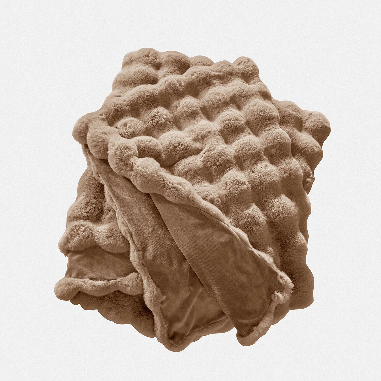Plaid Zalina taupe en matière pelucheuse douce, parfait pour une décoration intérieure chaleureuse et confortable