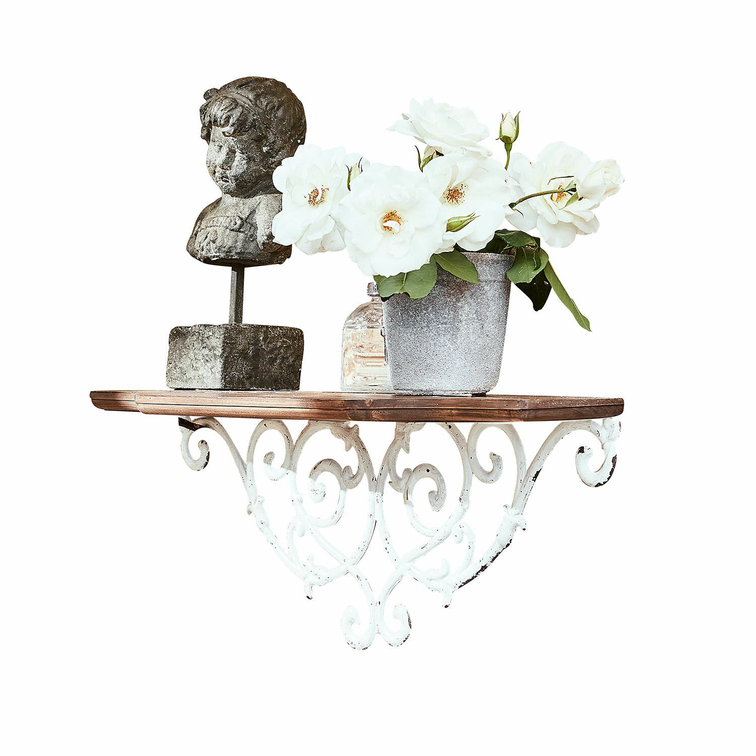 Wandplank Rubén Rustieke wandplank van hout en wit metaal met decoratief beeld en pot met witte bloemen