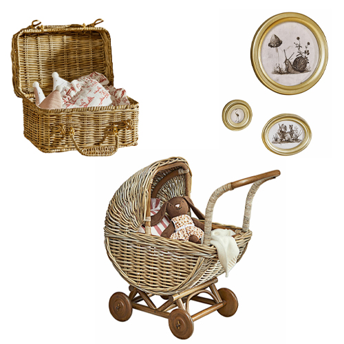 Ensemble d'accessoires en osier naturel avec landau et valise pour chambre d'enfant vintage
