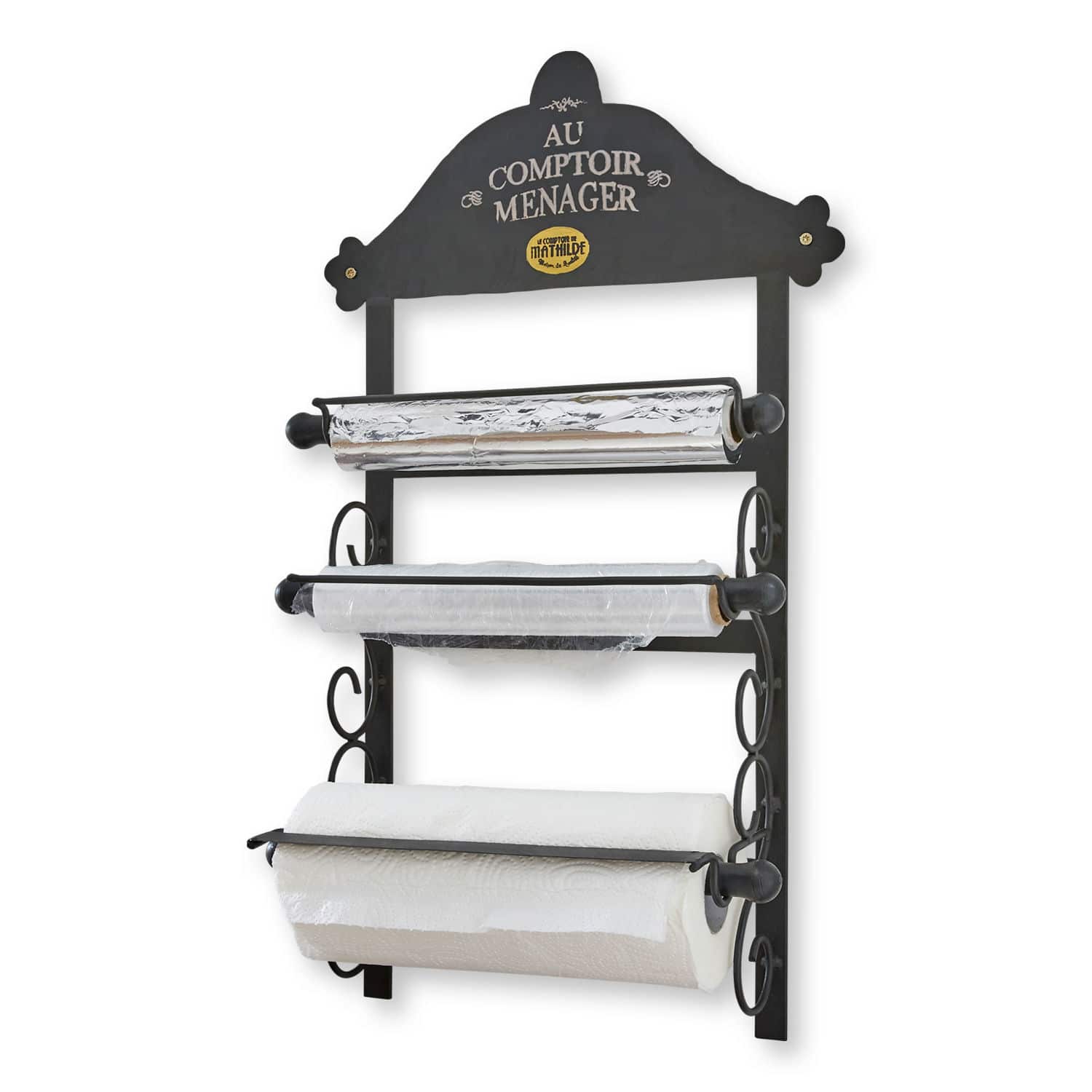 Foliehouder Isigny Zwarte metalen wandhouder voor aluminiumfolie, vershoudfolie en keukenpapier in de keuken