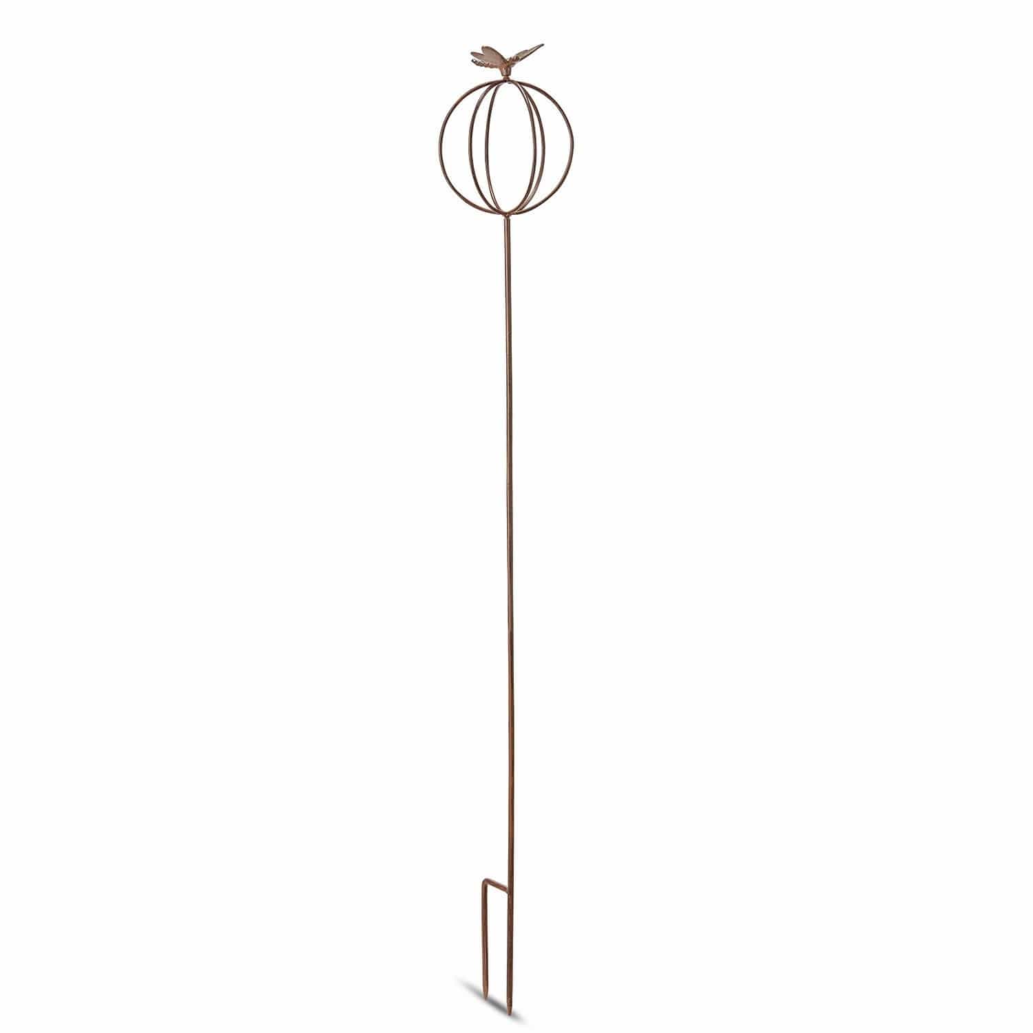 Piquet de jardin Libelle Tuteur de jardin en métal rouillé avec décoration sphérique et oiseau au sommet