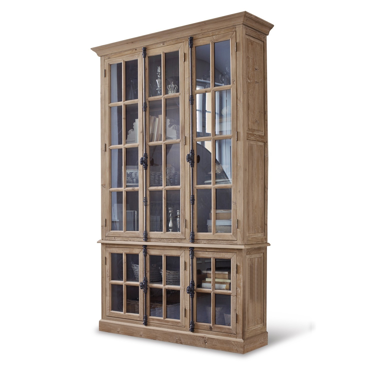 Vitrine Mamirolle Grande vitrine en bois naturel avec portes vitrées et charnières métalliques noires pour rangement