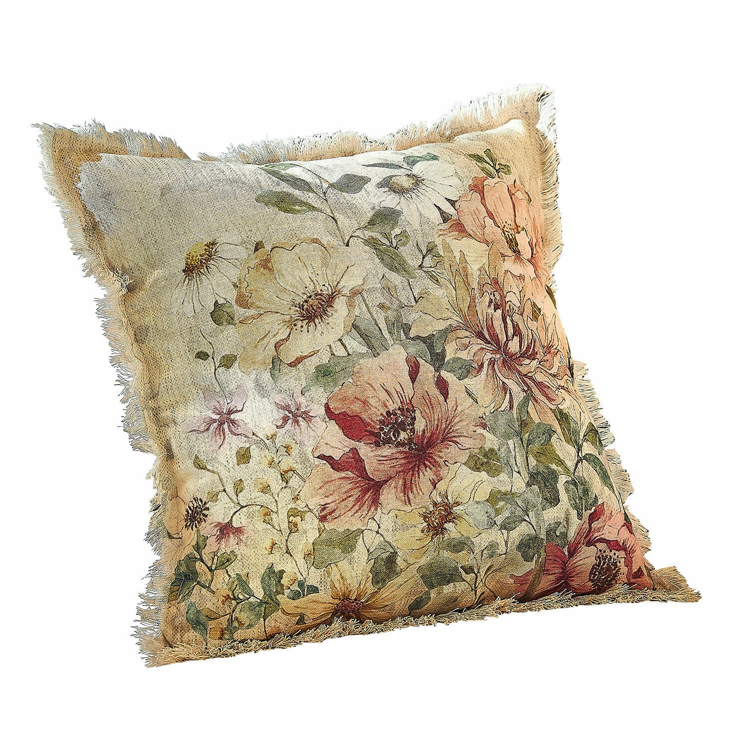 Kussenhoes Théranelle Decoratief kussen met pastelkleurig bloemenpatroon en franjes aan de randen