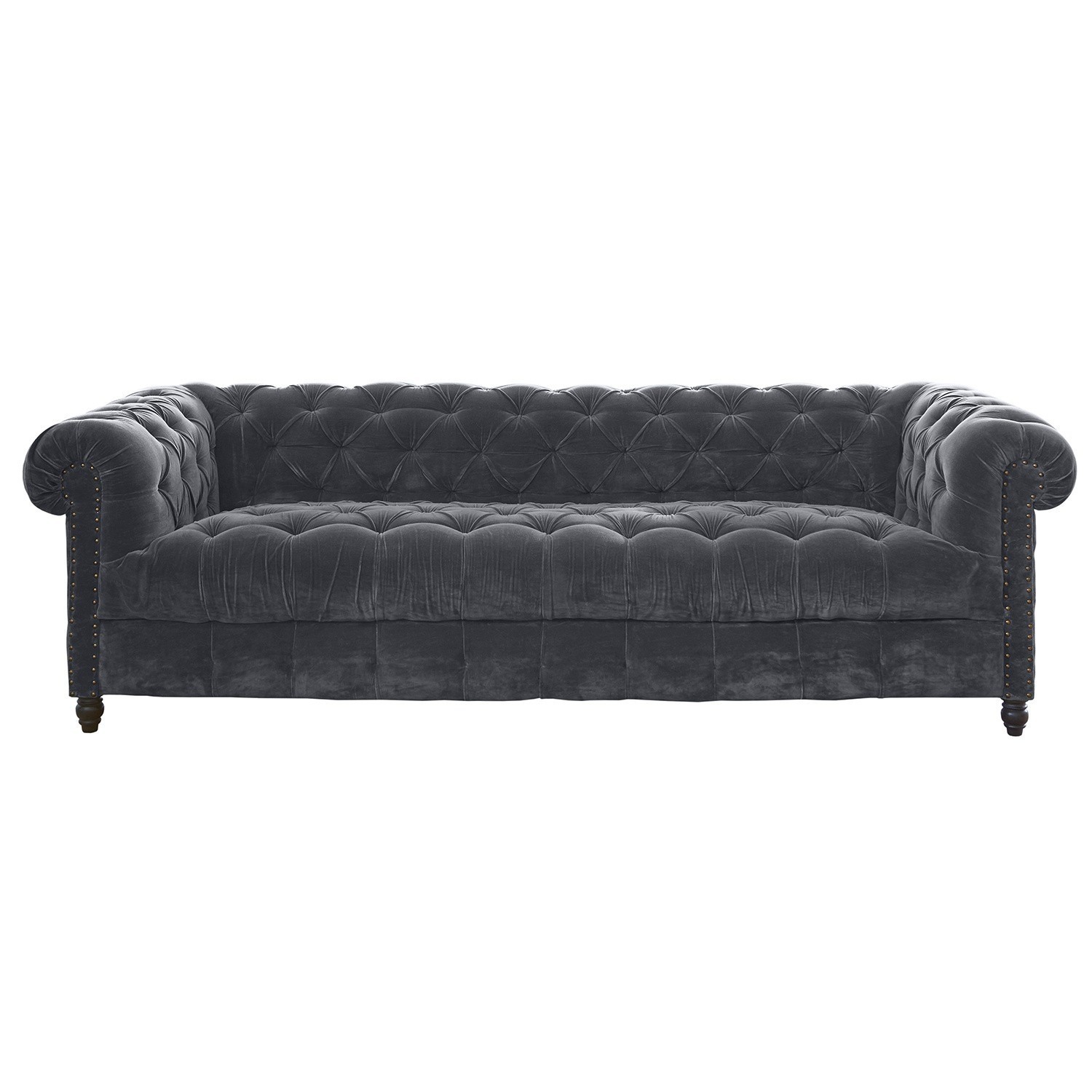 Bank Parpeville Grijze Chesterfield fluwelen bank met gestikte rugleuning en houten poten, elegante woonkamermeubel