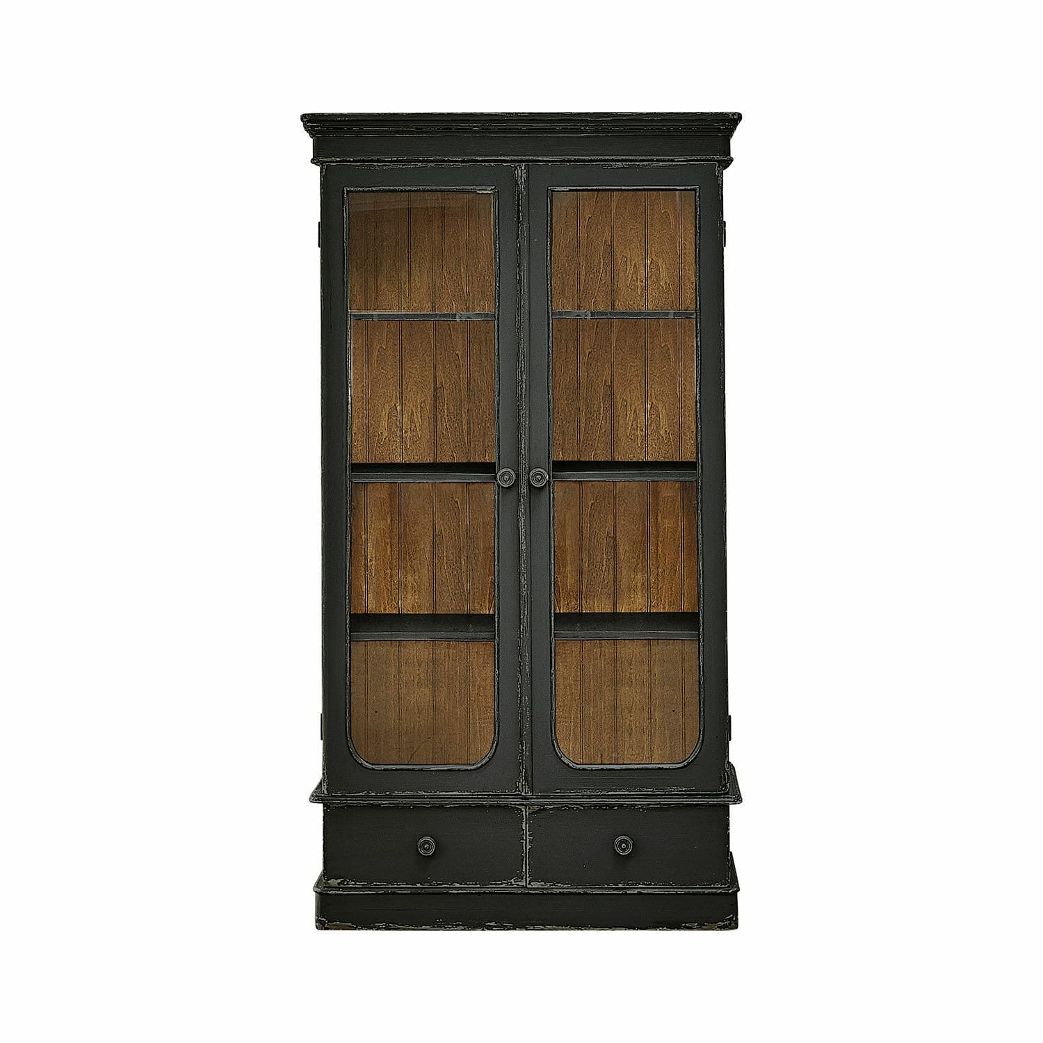 antiekzwart Zwarte houten kast Cassanet met glazen deuren en lades, vintage stijl voor woonkamer