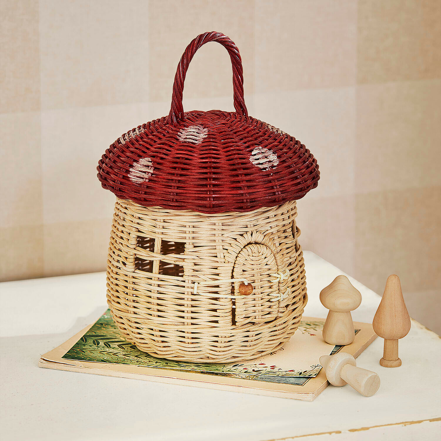 Panier Norilie Panier en osier en forme de champignon avec toit rouge et poignée, décoration intérieure
