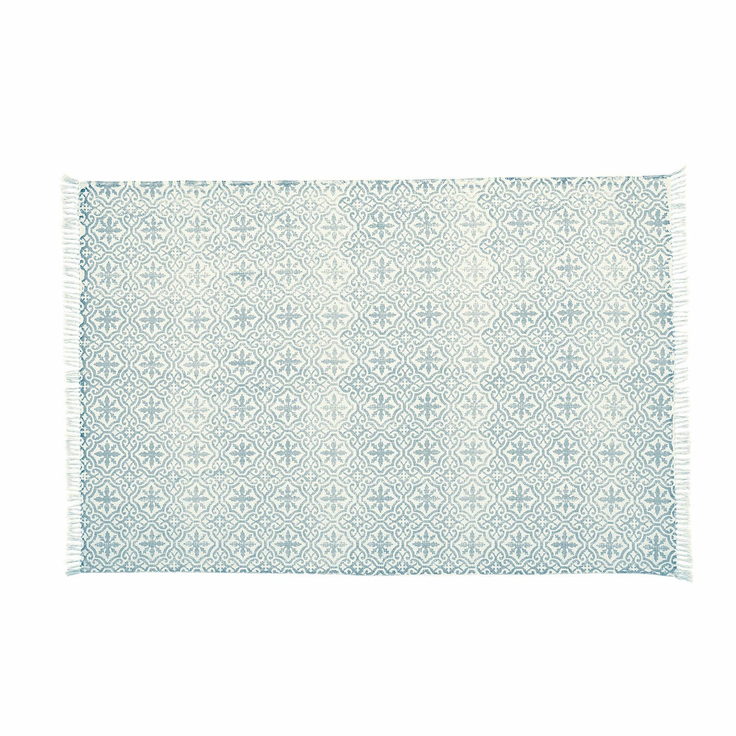 Tapis Parochie bleu en coton avec motif décoratif et franges, parfait pour salon moderne