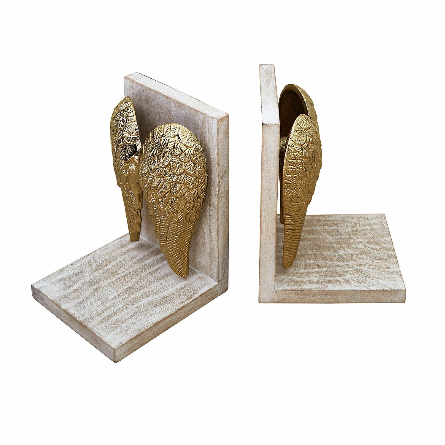 Lot de 2 serre-livres Lunelles Paire de serre-livres en bois avec ailes dorées décoratives, accessoire déco intérieur