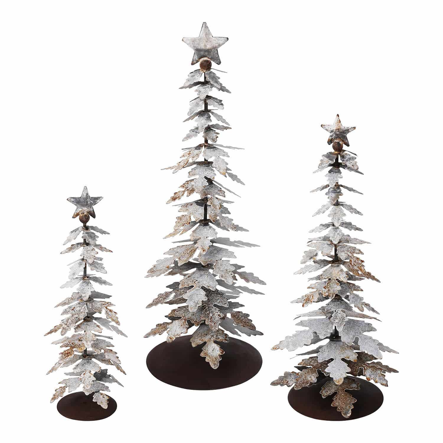 Lot de 3 arbres décoratifs Laruns Ensemble de trois sapins décoratifs en métal avec étoiles, décorations de Noël argentées et brunes