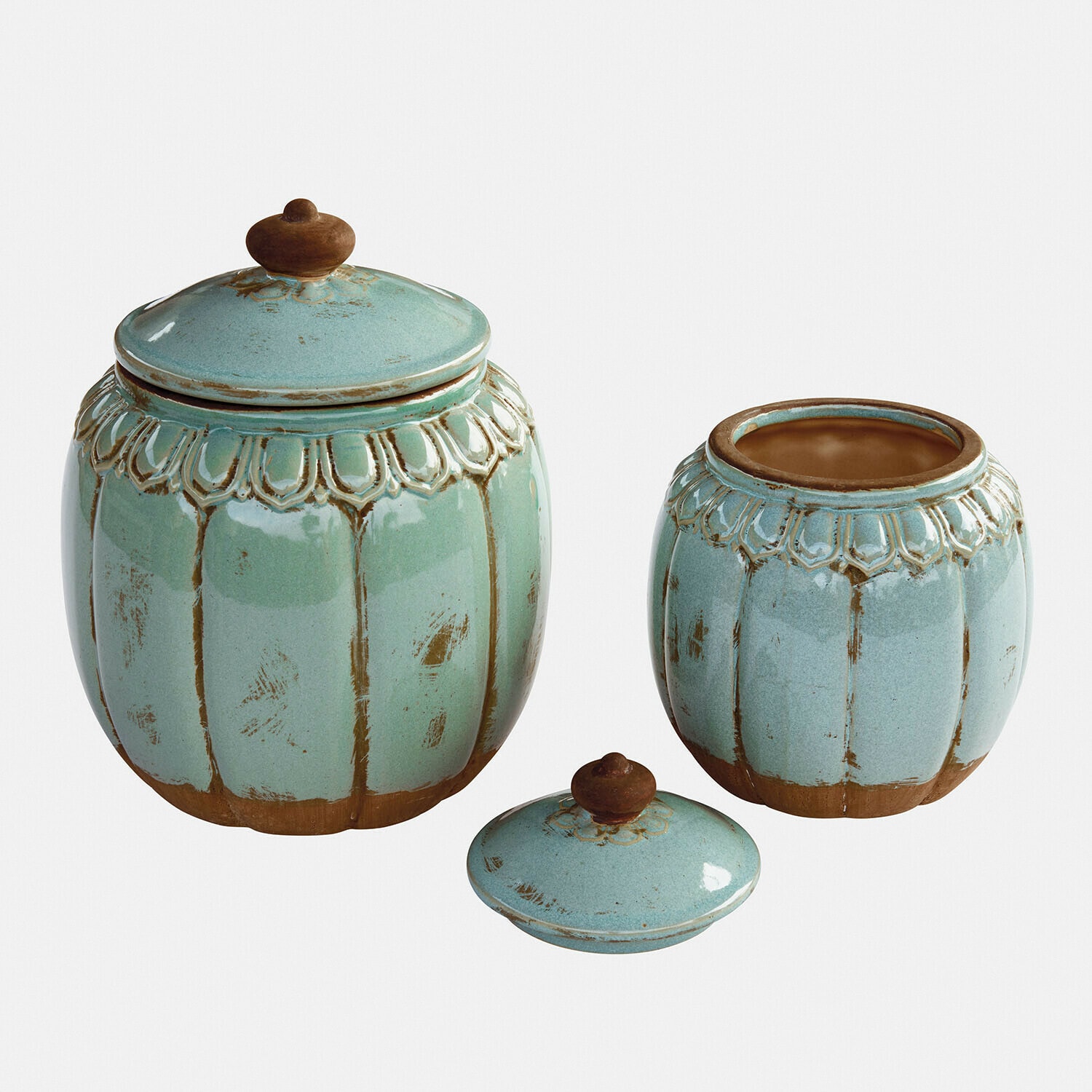 Ensemble de deux pots en céramique turquoise avec décorations marron et couvercles assortis