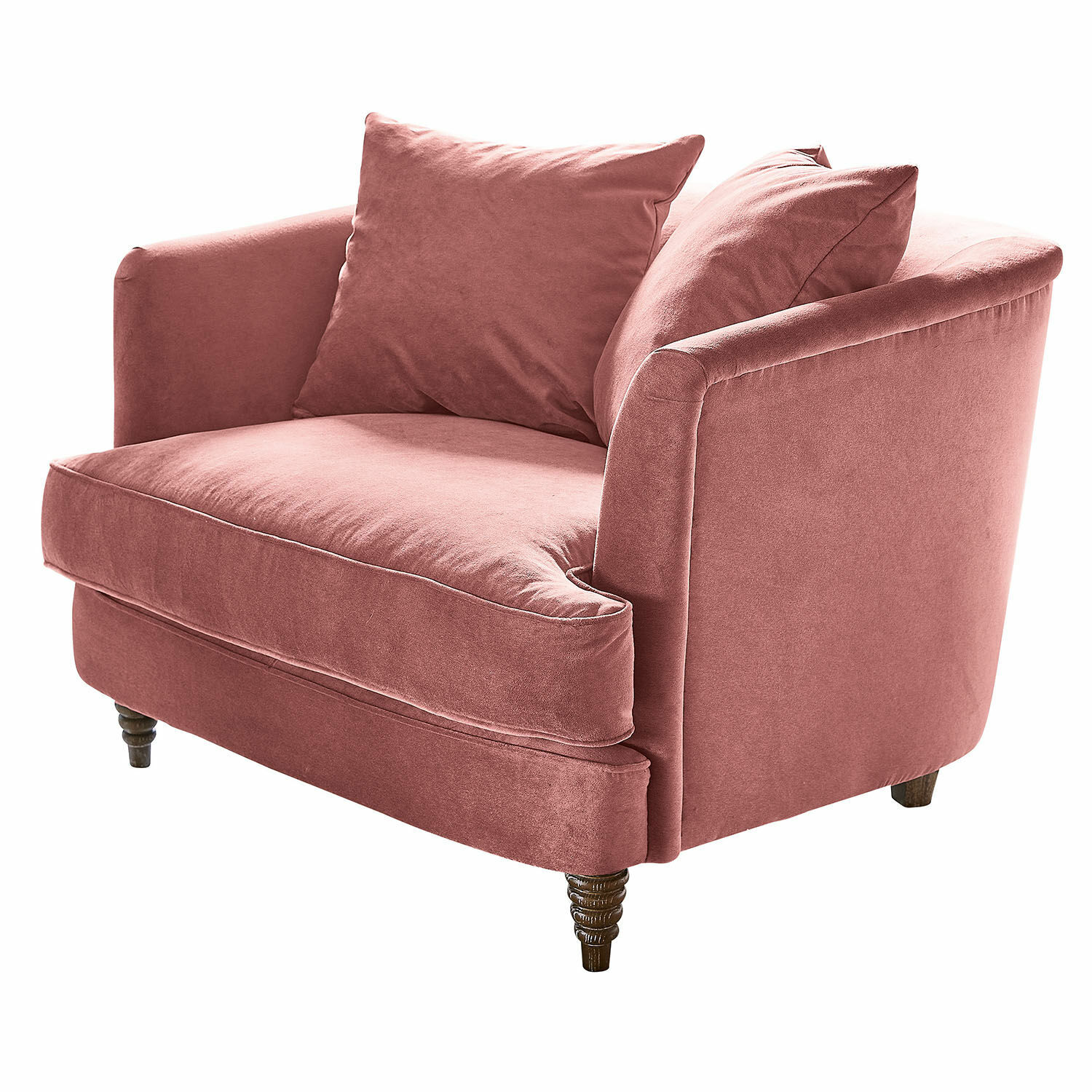 roze Roze Etueffont fauteuil van zachte stof met kussens en houten poten voor woonkamer