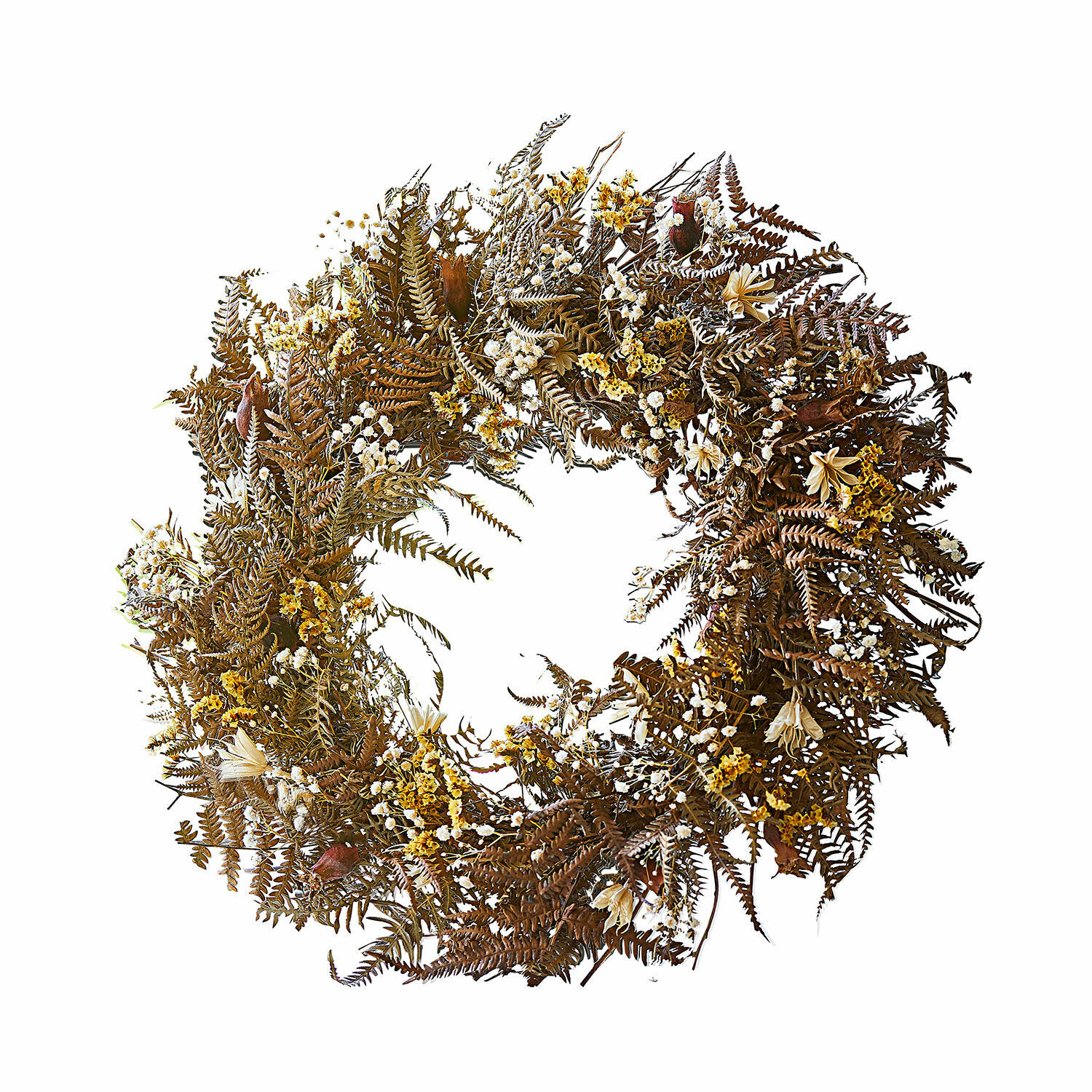 Couronne de fleurs séchées Evique Couronne décorative en feuilles de fougère séchées et fleurs jaunes et brunes pour décoration intérieure
