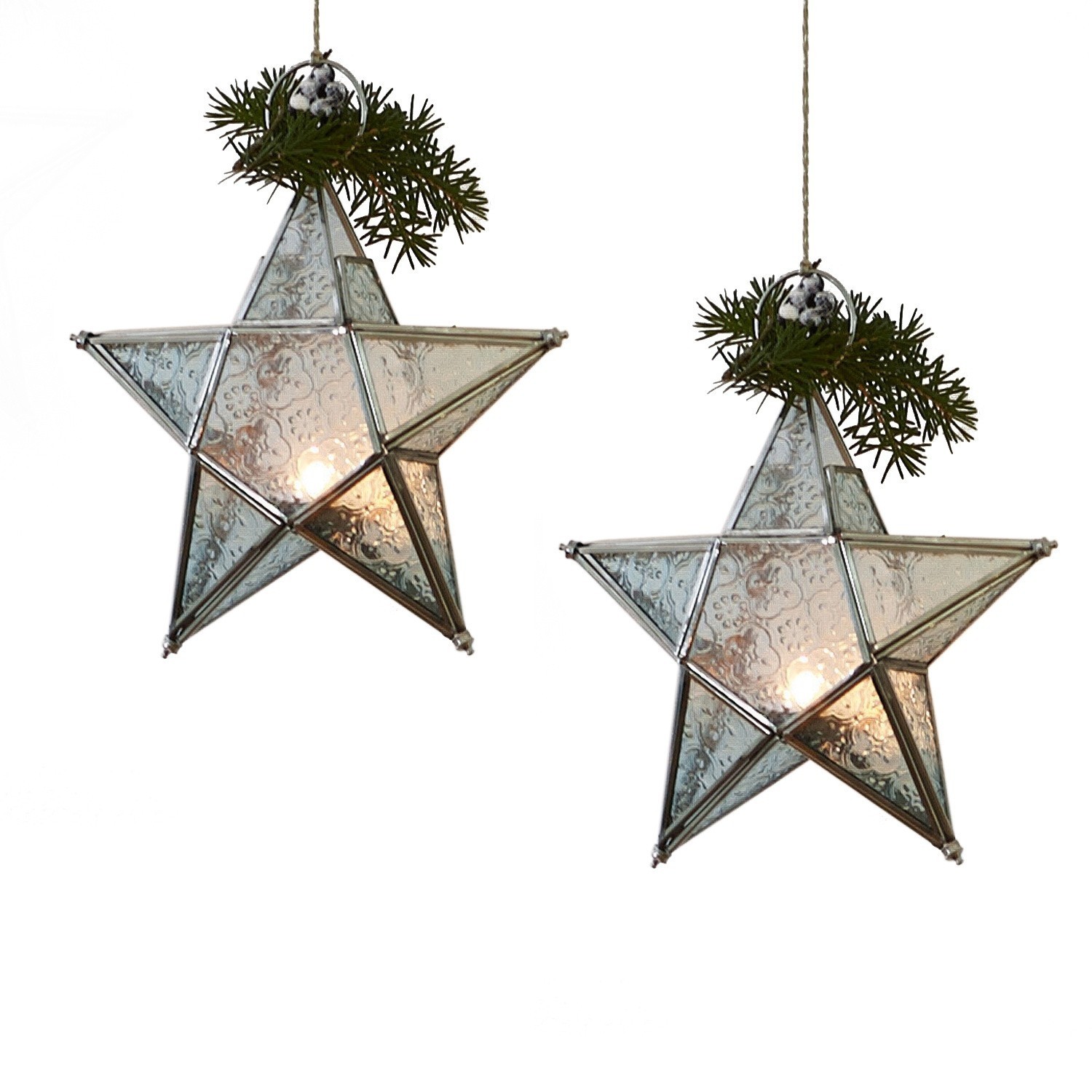 Lot de 2 photophores Kian Étoiles suspendues en verre avec cadre métallique et branches vertes, décoration LED de Noël