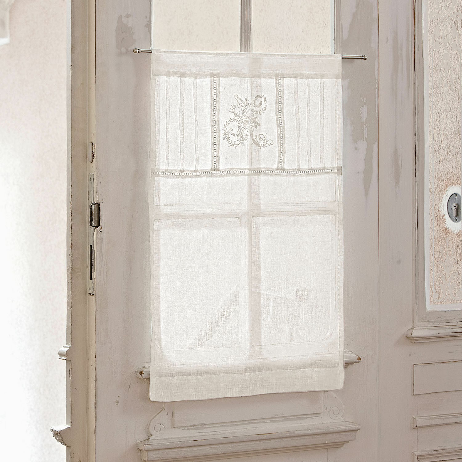 Lot de 2 brise-bise Mayenne Voilage blanc en lin avec broderie et bandes décoratives, rideau léger pour fenêtre intérieure