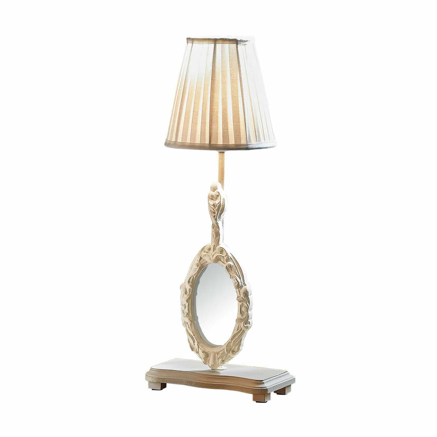 Tafellamp met spiegel Brannach Tafellamp van wit hout met kap en decoratieve ovale spiegel in vintage stijl