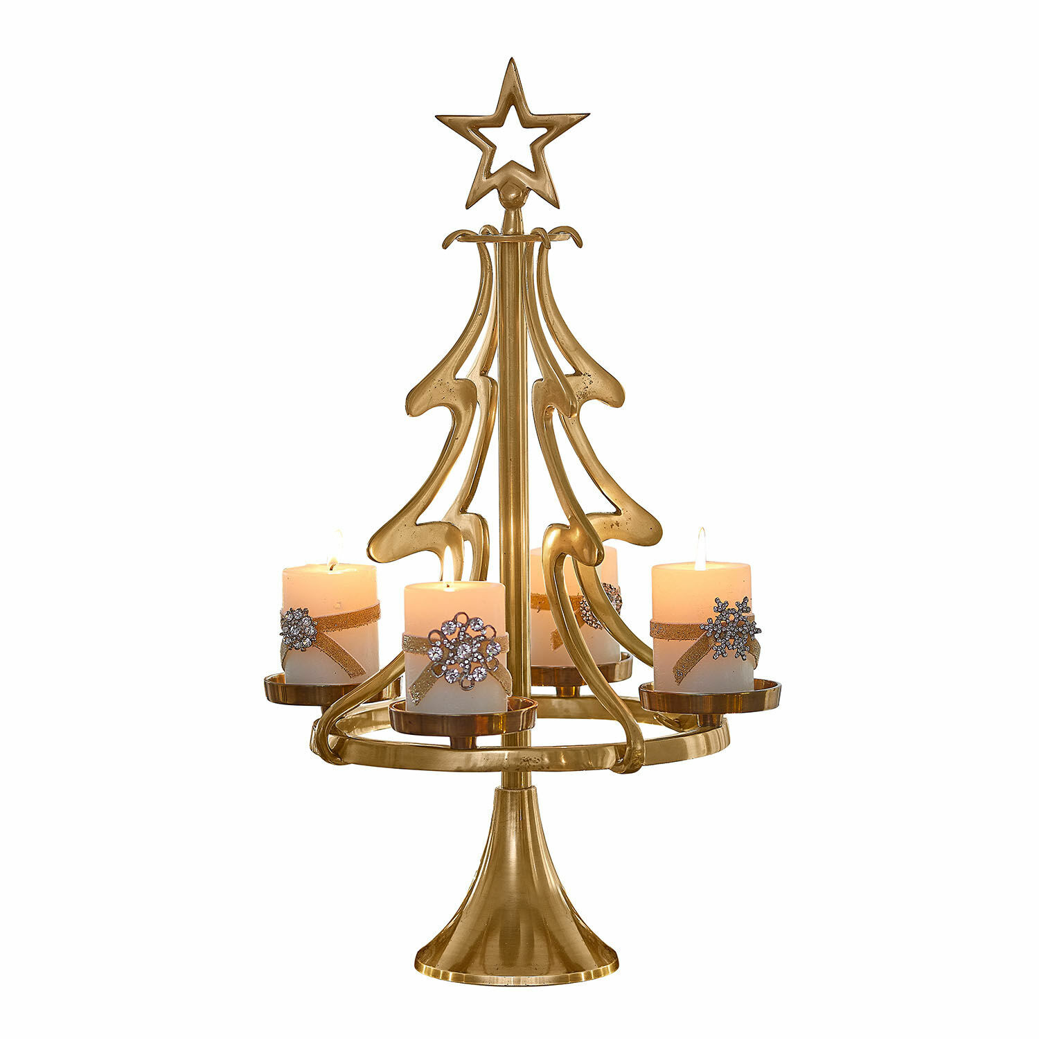 Kaarsenstandaard Gaetana Gouden metalen kandelaar in kerstboomvorm met vier witte kaarsen en feestelijke versiering