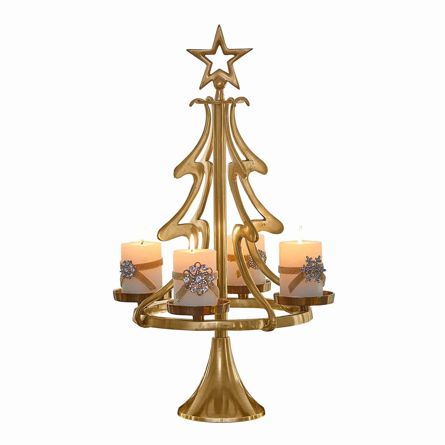 Bougeoir de l'Avent Gaetana Bougeoir doré en forme de sapin avec quatre bougies blanches décorées pour Noël