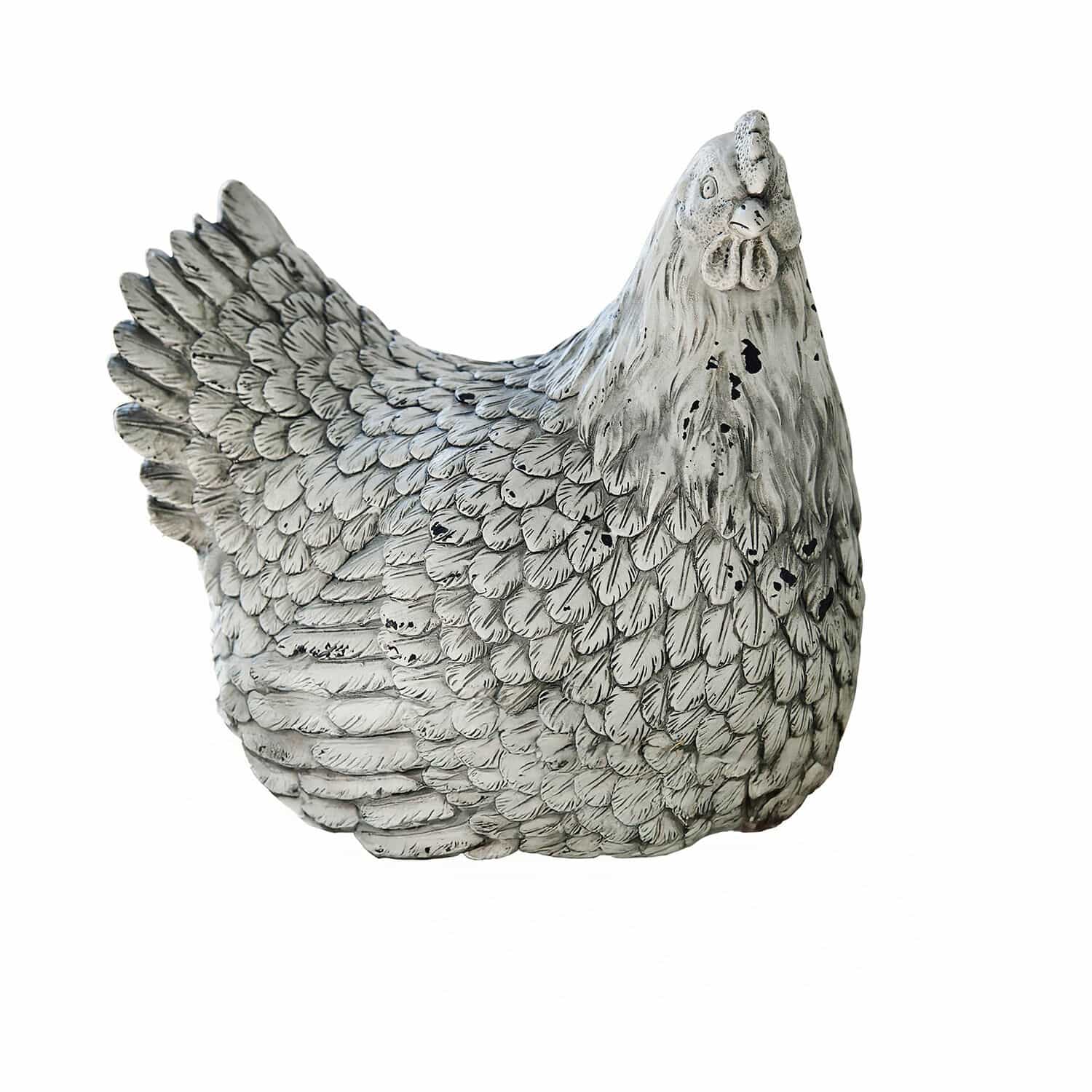 Poule décorative Delmonico Figurine de poule décorative en matériau gris-blanc posée sur de la paille pour décoration intérieure et jardin