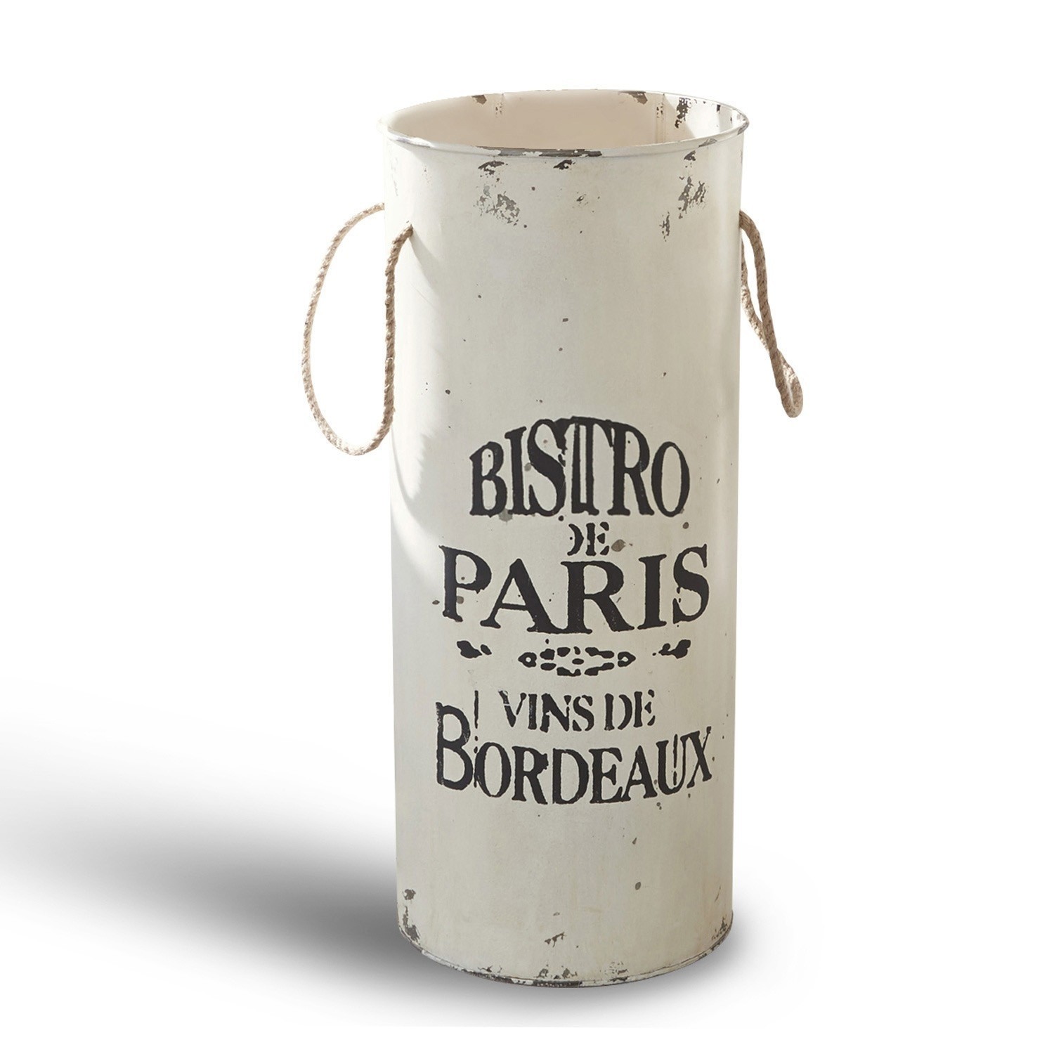 Paraplubak Bordeaux Witte metalen container met tekst Bistro de Paris en touwhandvatten, vintage decoratie