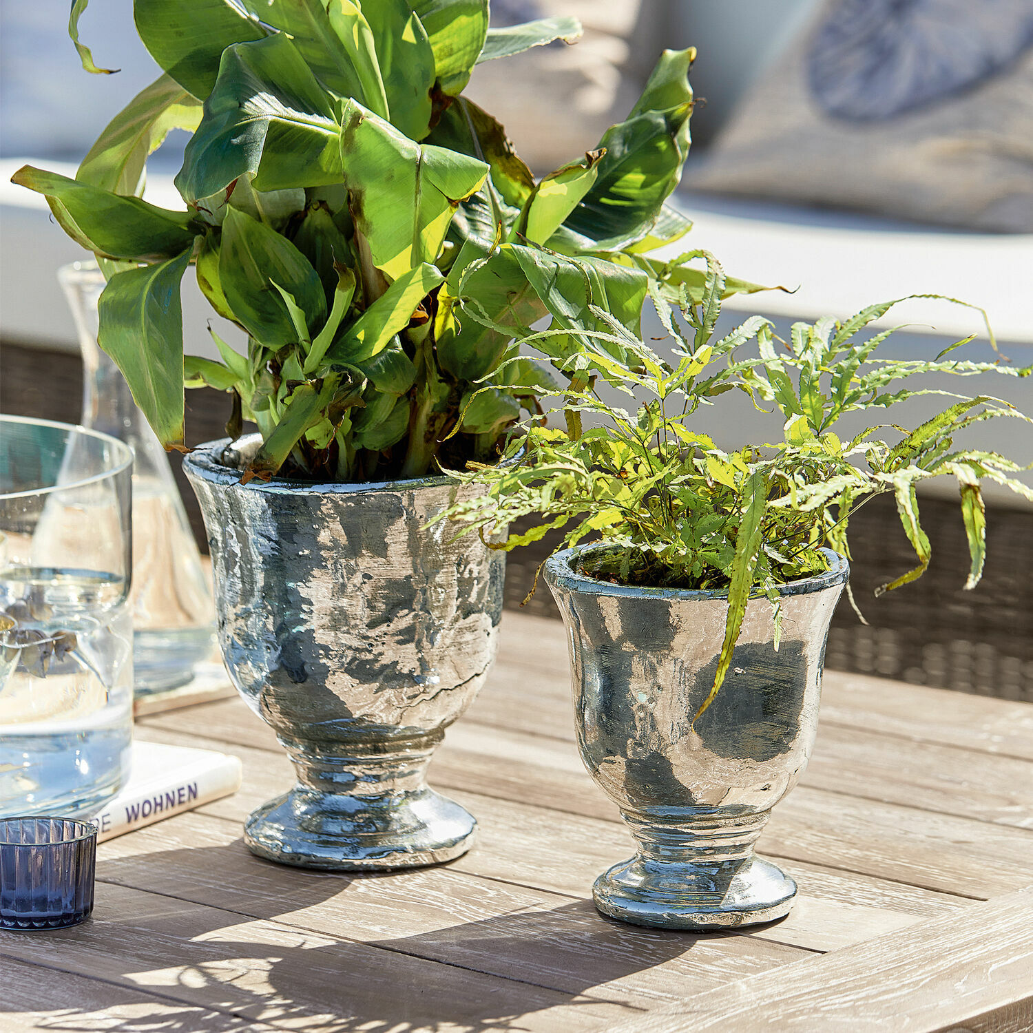 Lot de 2 cache-pots Banon Deux pots en métal argenté avec plantes vertes sur une table en bois dans un cadre lumineux
