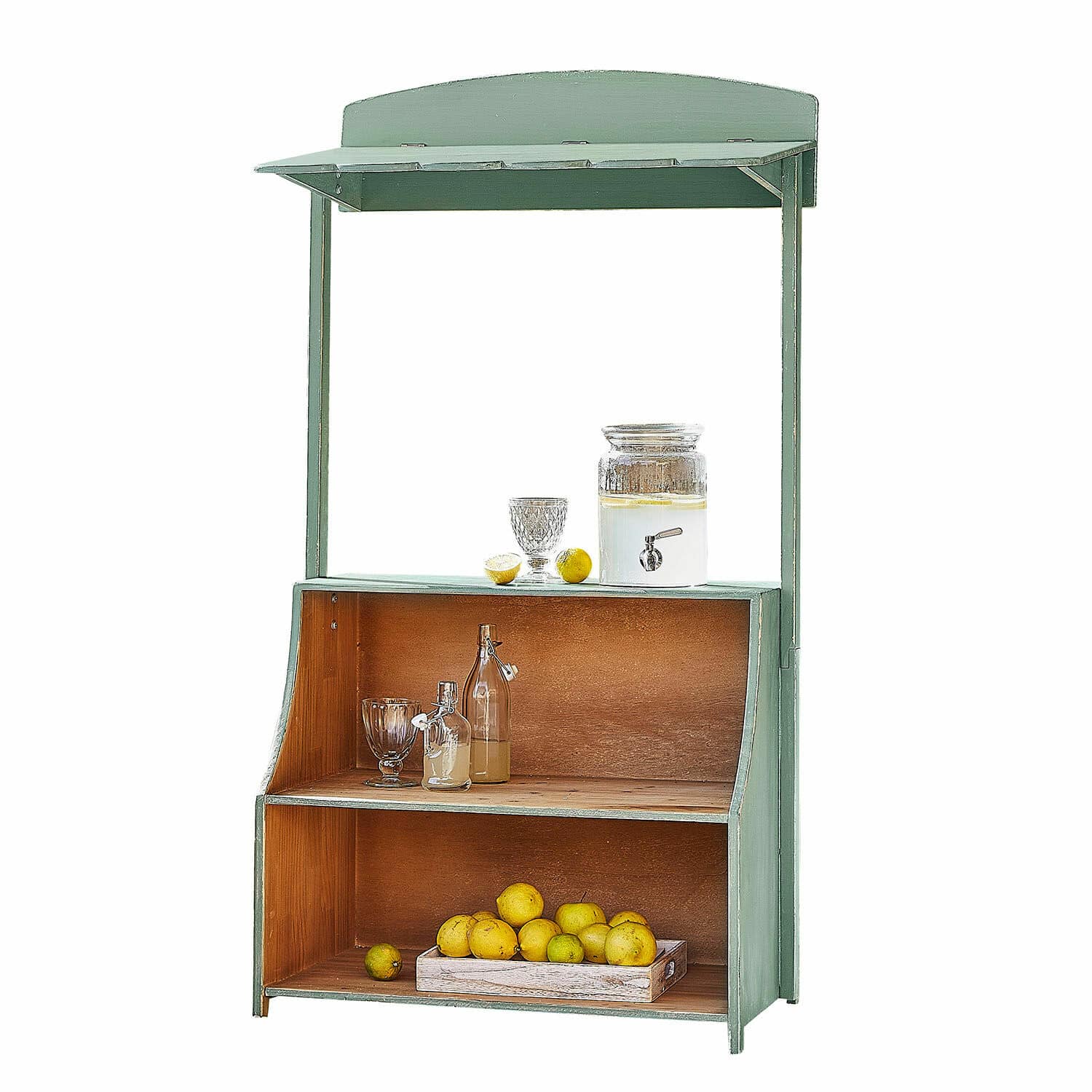 Stand de limonade Éclairon Étagère en bois verte avec toit et étagères pour fruits et boissons, idéale cuisine ou jardin