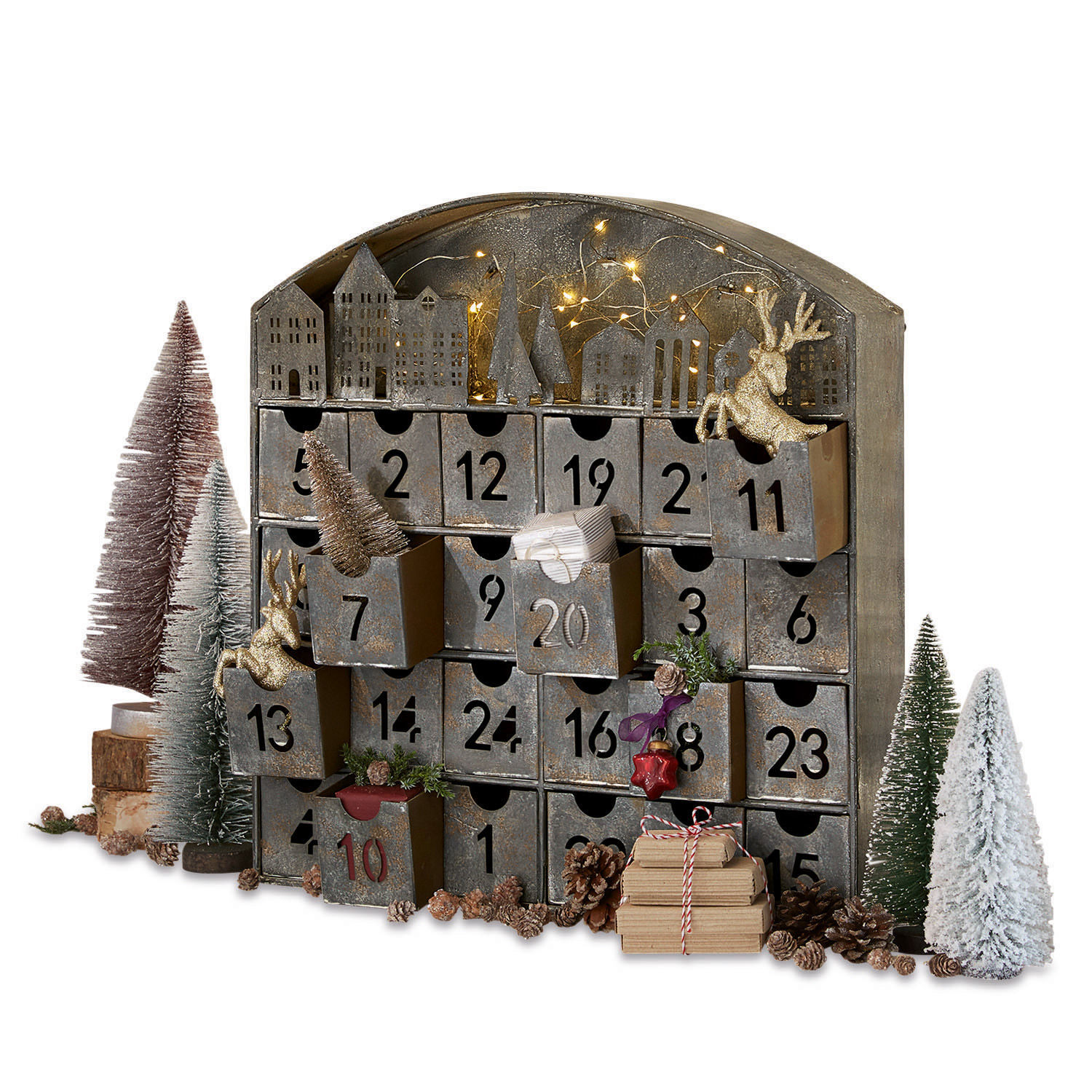 Calendrier de l’Avent Léran Calendrier de l'Avent en métal avec tiroirs numérotés et décorations de Noël vintage