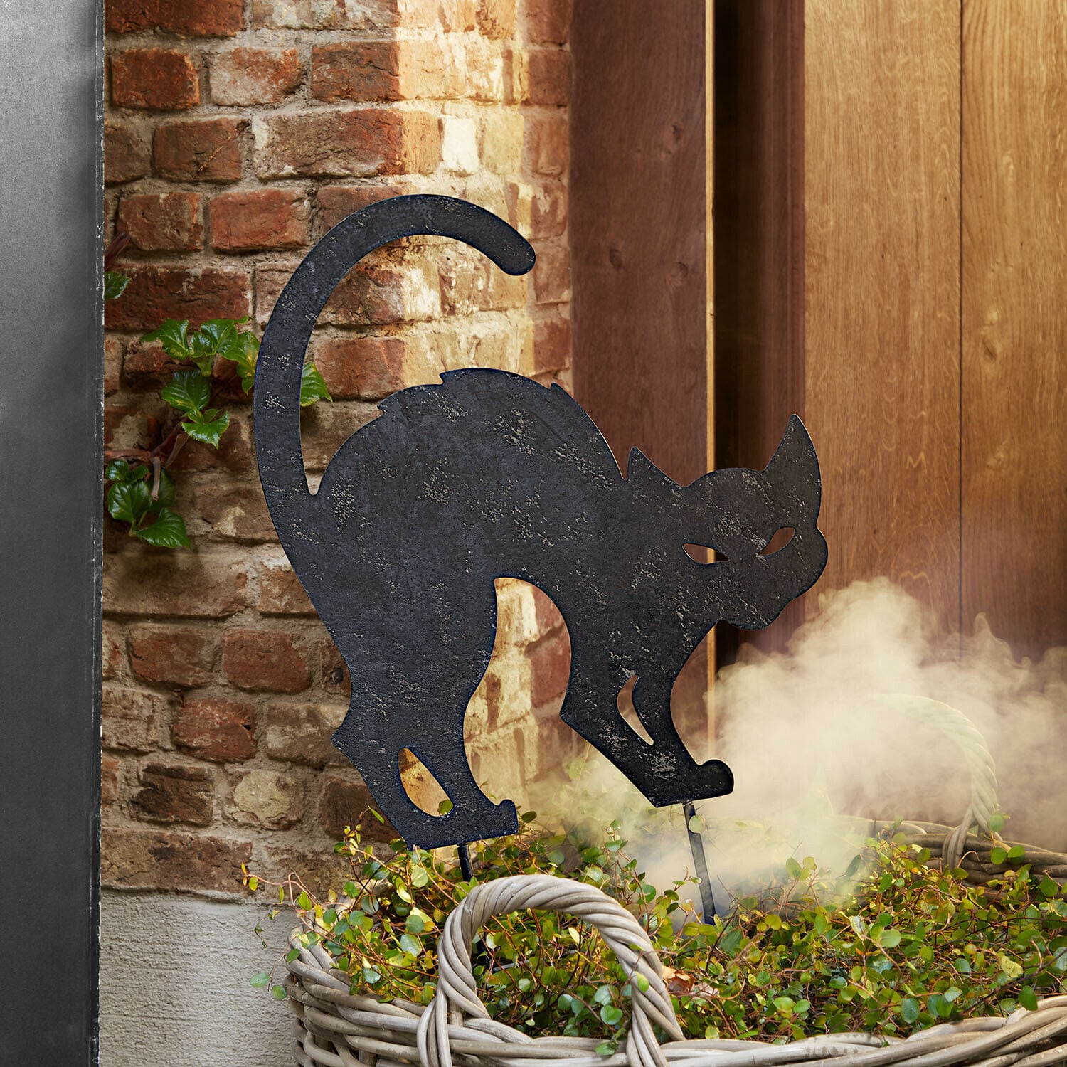 Pique de jardin Rénelise Silhouette de chat en métal noir décorative dans un panier avec plantes vertes devant un mur en briques